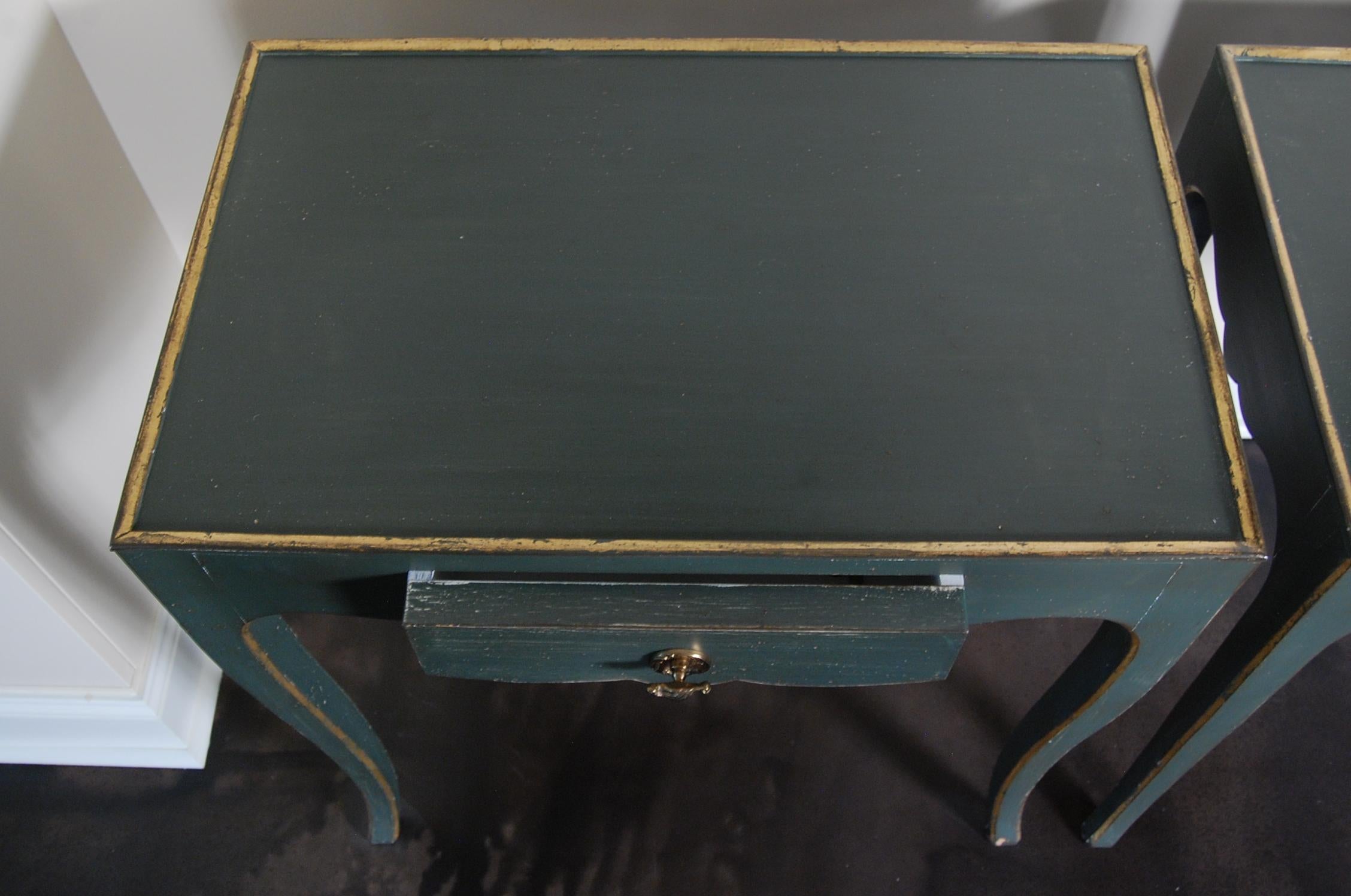 Pair of Custom Made Side Tables in Green Paint with Drawers In Good Condition In Pittsburgh, PA