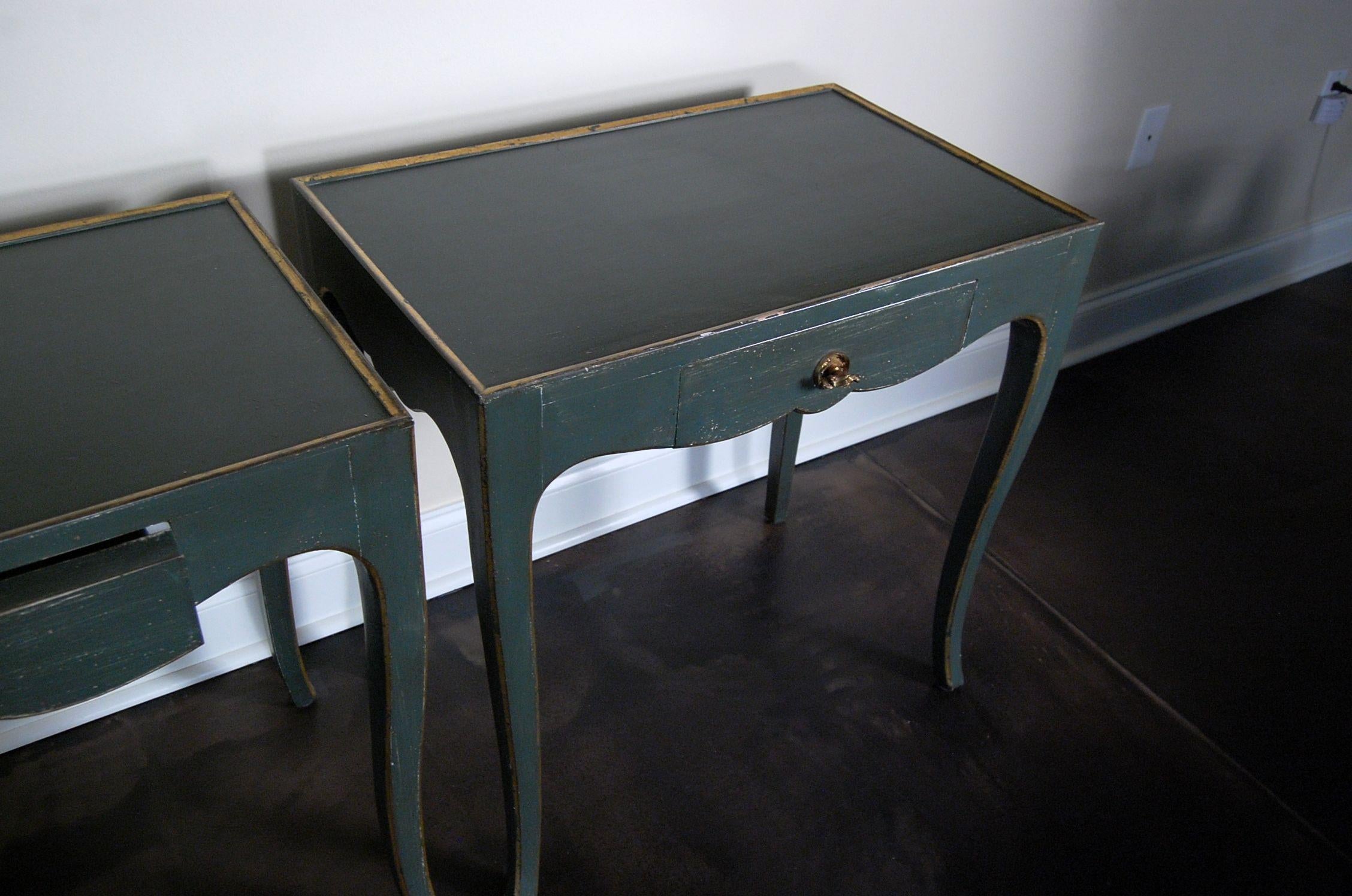 Contemporary Pair of Custom Made Side Tables in Green Paint with Drawers