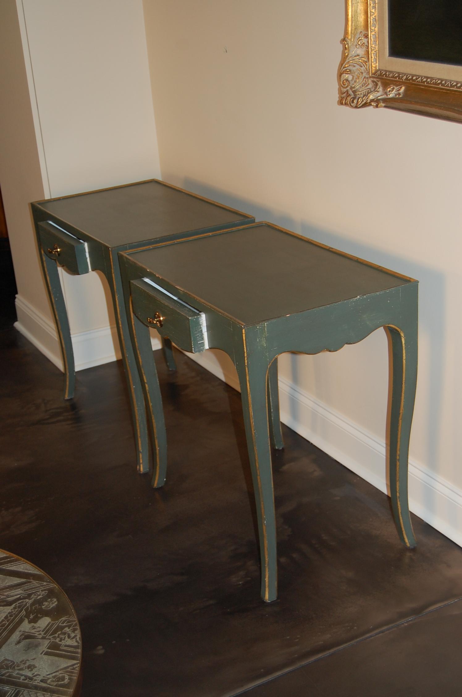 Wood Pair of Custom Made Side Tables in Green Paint with Drawers