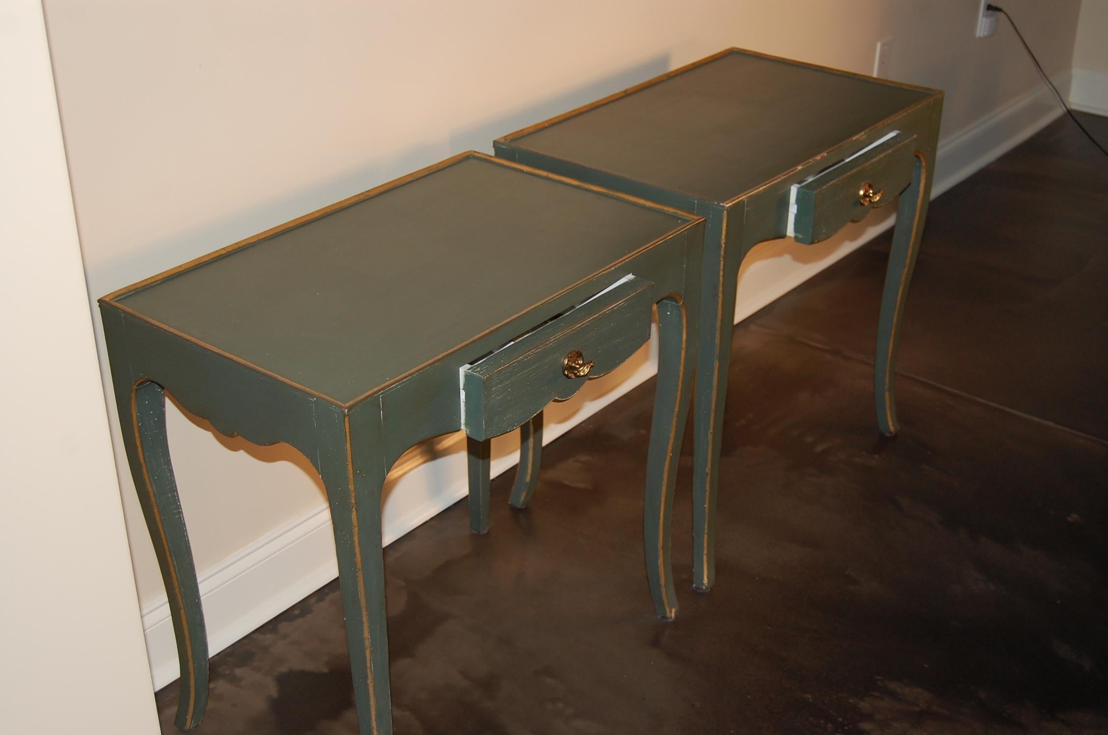 Pair of Custom Made Side Tables in Green Paint with Drawers 1