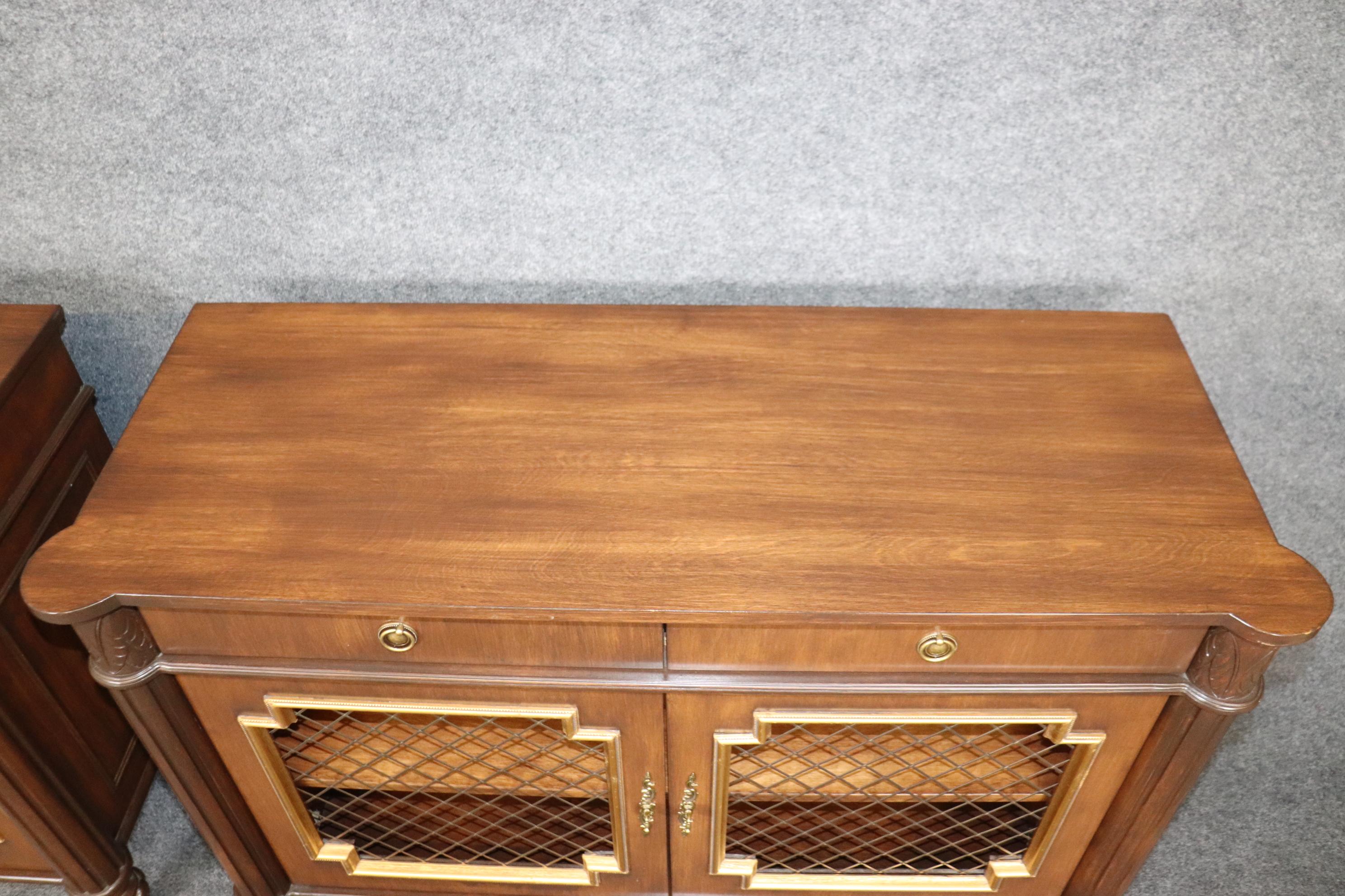 Pair Custom Mahogany Brass and Gilded Mesh Door Two Door Side Cabinets  1