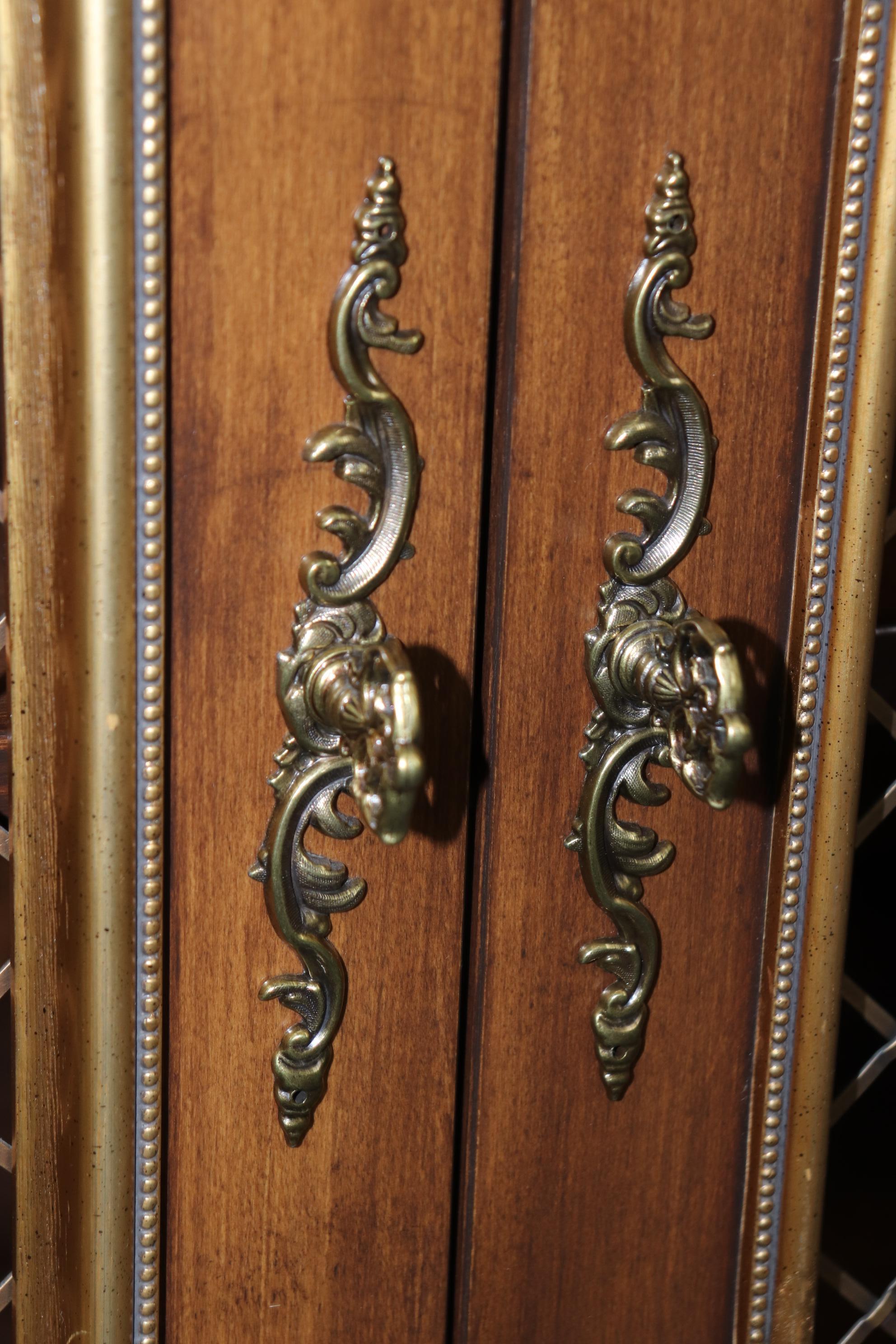 Pair Custom Mahogany Brass and Gilded Mesh Door Two Door Side Cabinets  3