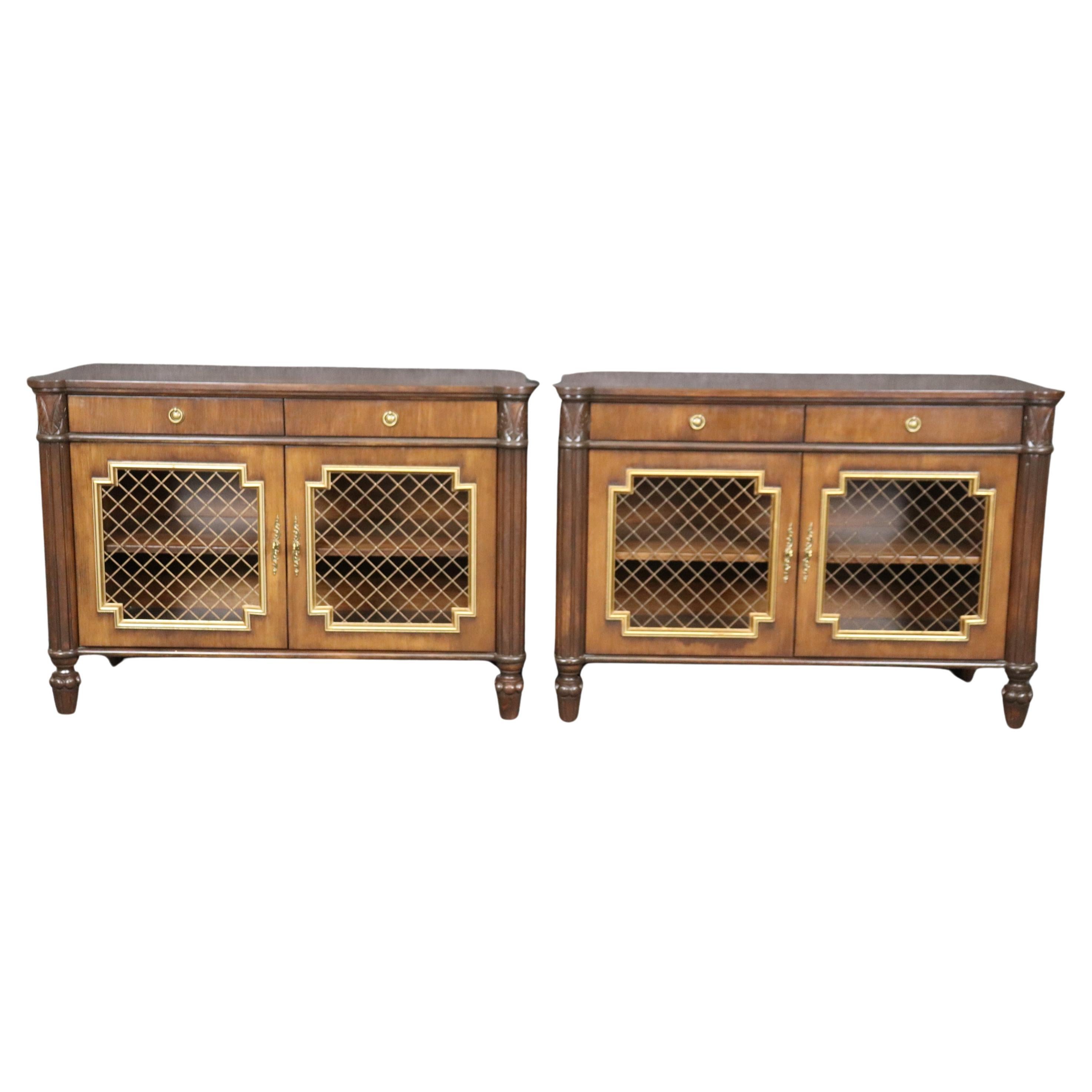 Pair Custom Mahogany Brass and Gilded Mesh Door Two Door Side Cabinets 