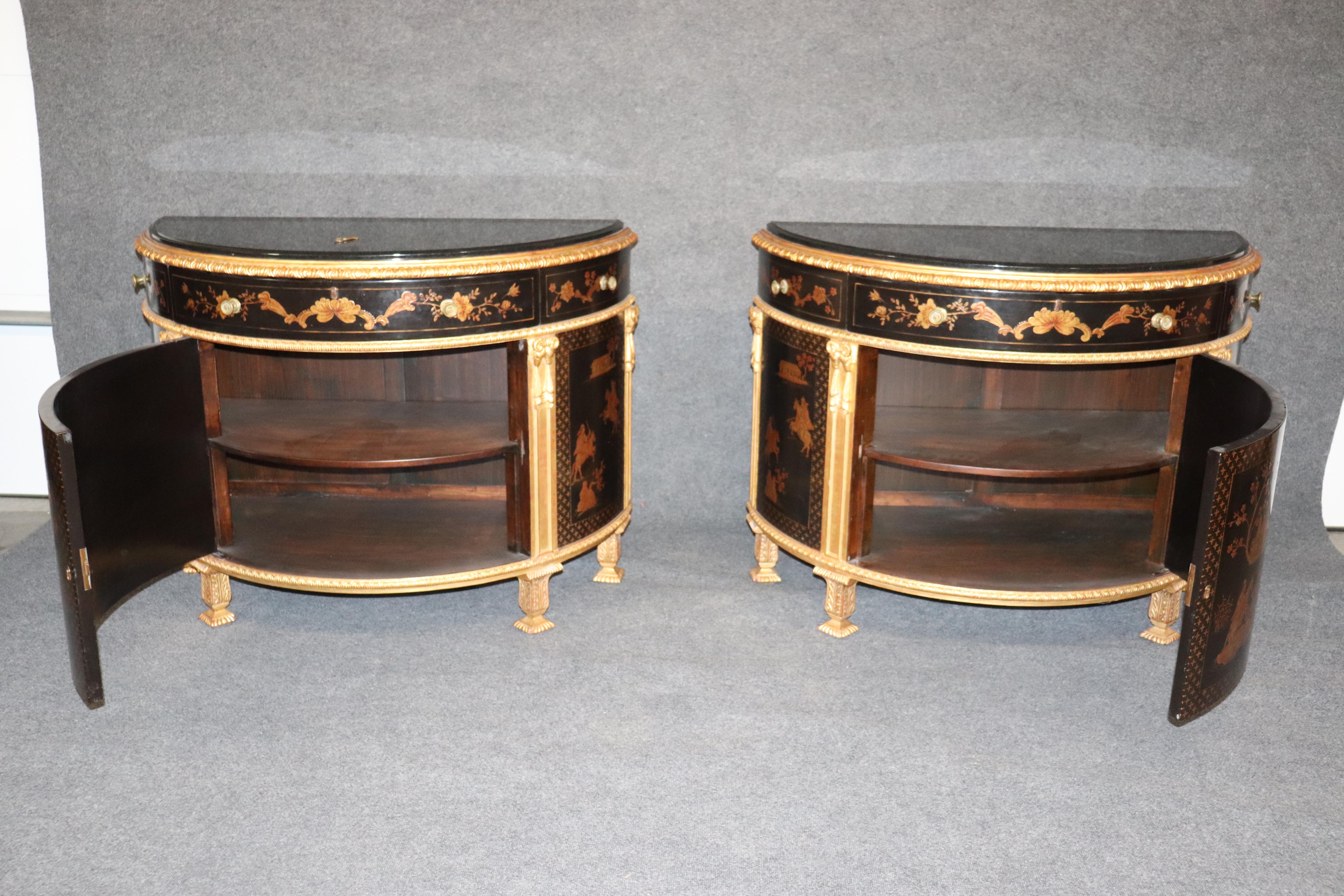 Pair of Custom Museum Quality Gilded Marble Top Chinoiserie Commodes with Doors 3