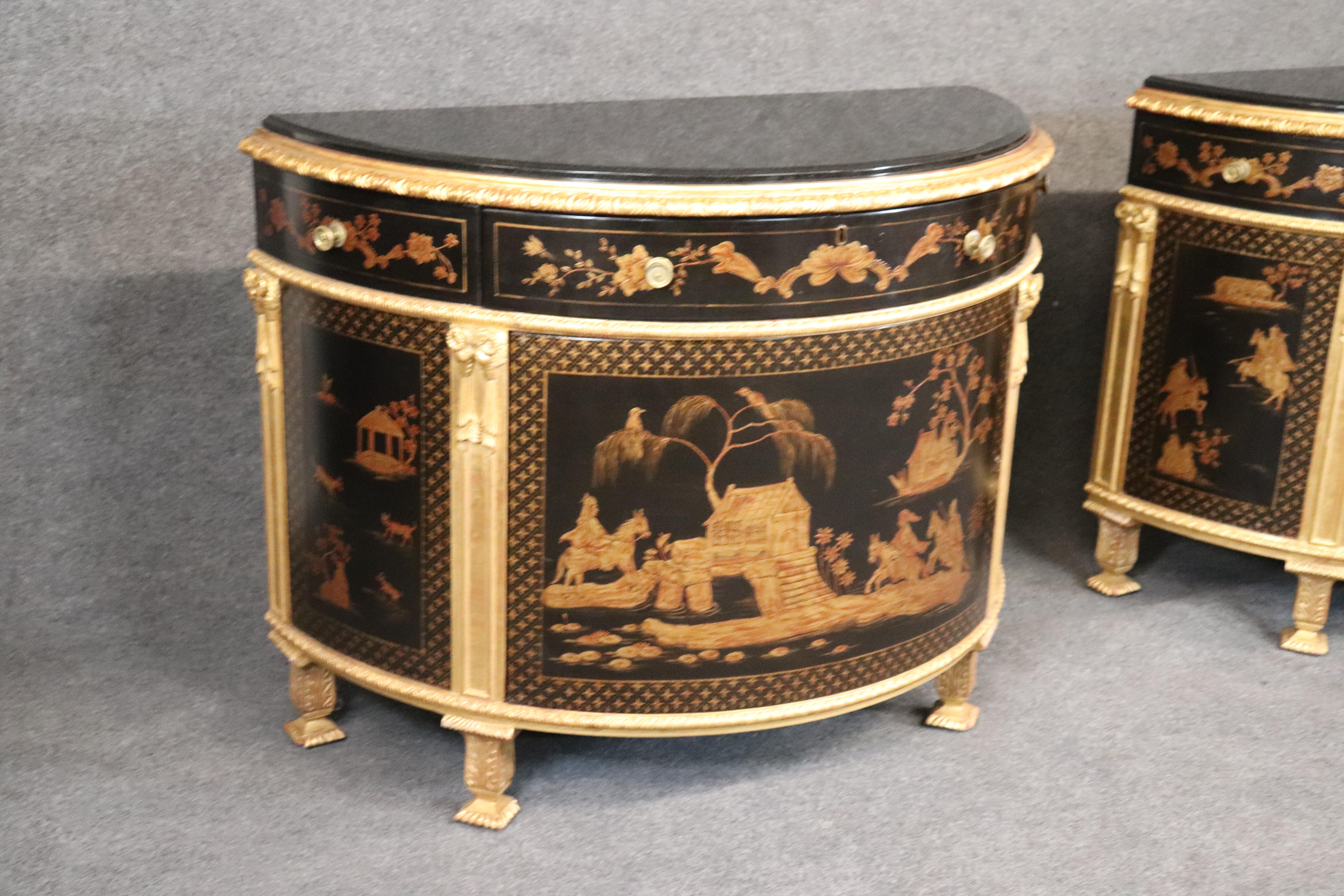 American Pair of Custom Museum Quality Gilded Marble Top Chinoiserie Commodes with Doors