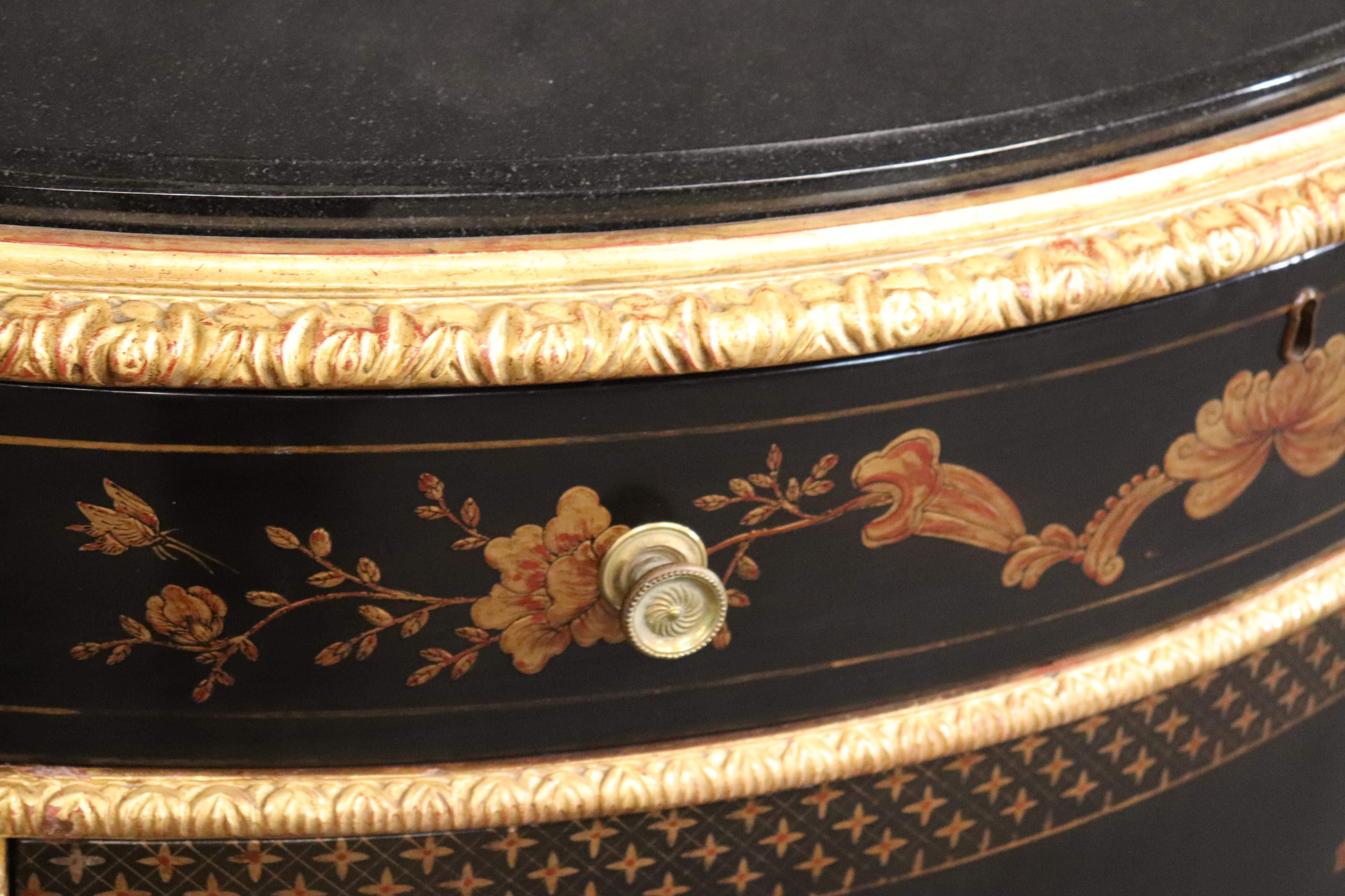 Belgian Black Marble Pair of Custom Museum Quality Gilded Marble Top Chinoiserie Commodes with Doors