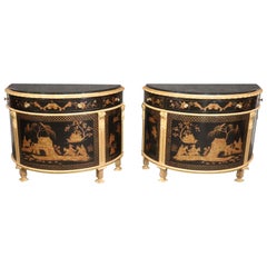 Pair of Custom Museum Quality Gilded Marble Top Chinoiserie Commodes with Doors