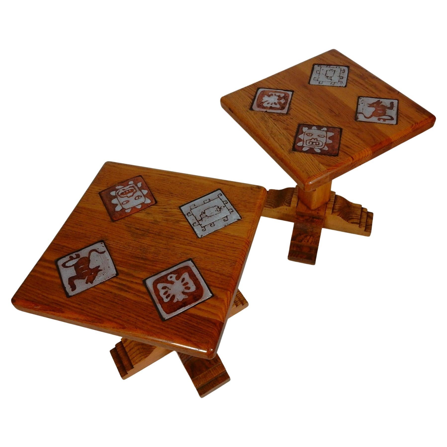 Pair Custom Oak Side / Drink Tables with Art Tile Insert Tops 3