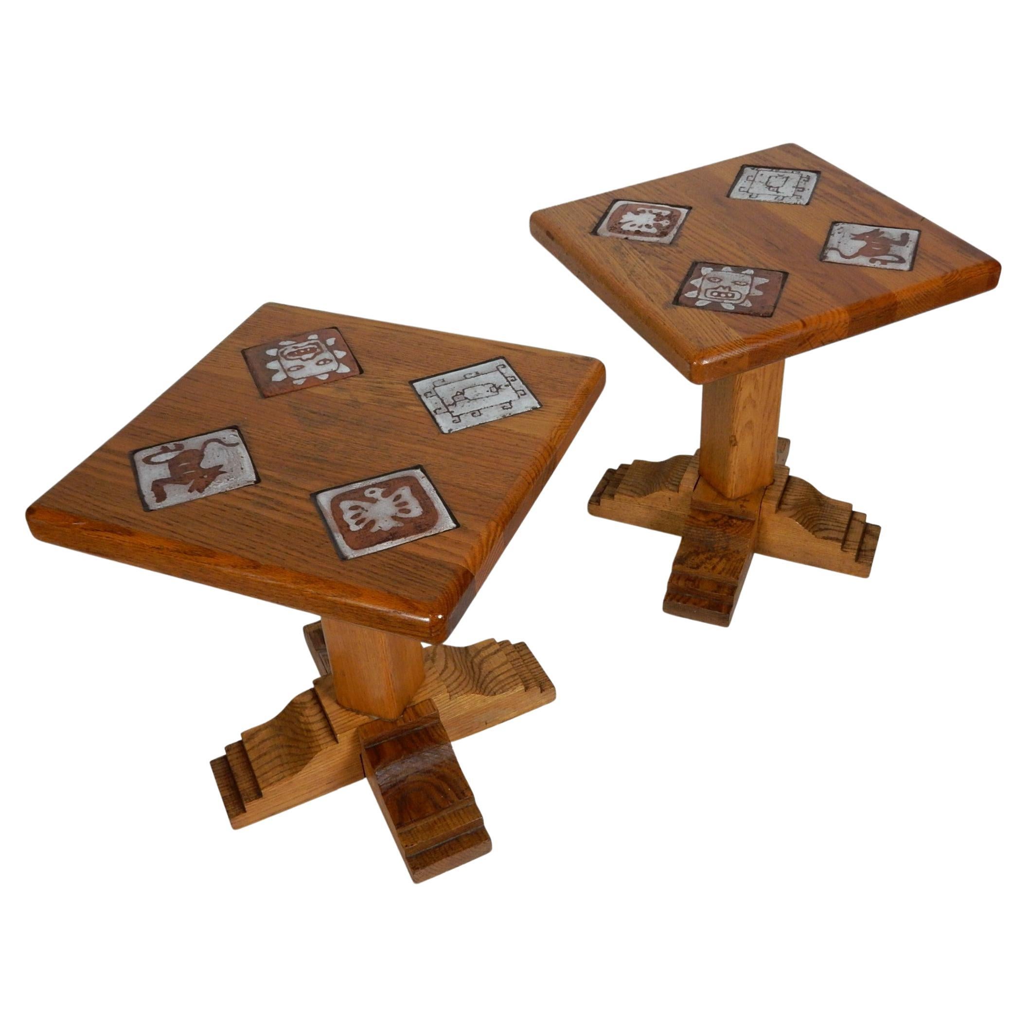 Unique, custom made, solid Oak tile top side tables by Robin and Ronal Clow of  ULLR, Ltd, Steamboat Springs Colorado. Circa 1970's.
Perfect side/drink tables for a mountain ski chalet decor home. Petite size measuring 15in square and 17in tall.