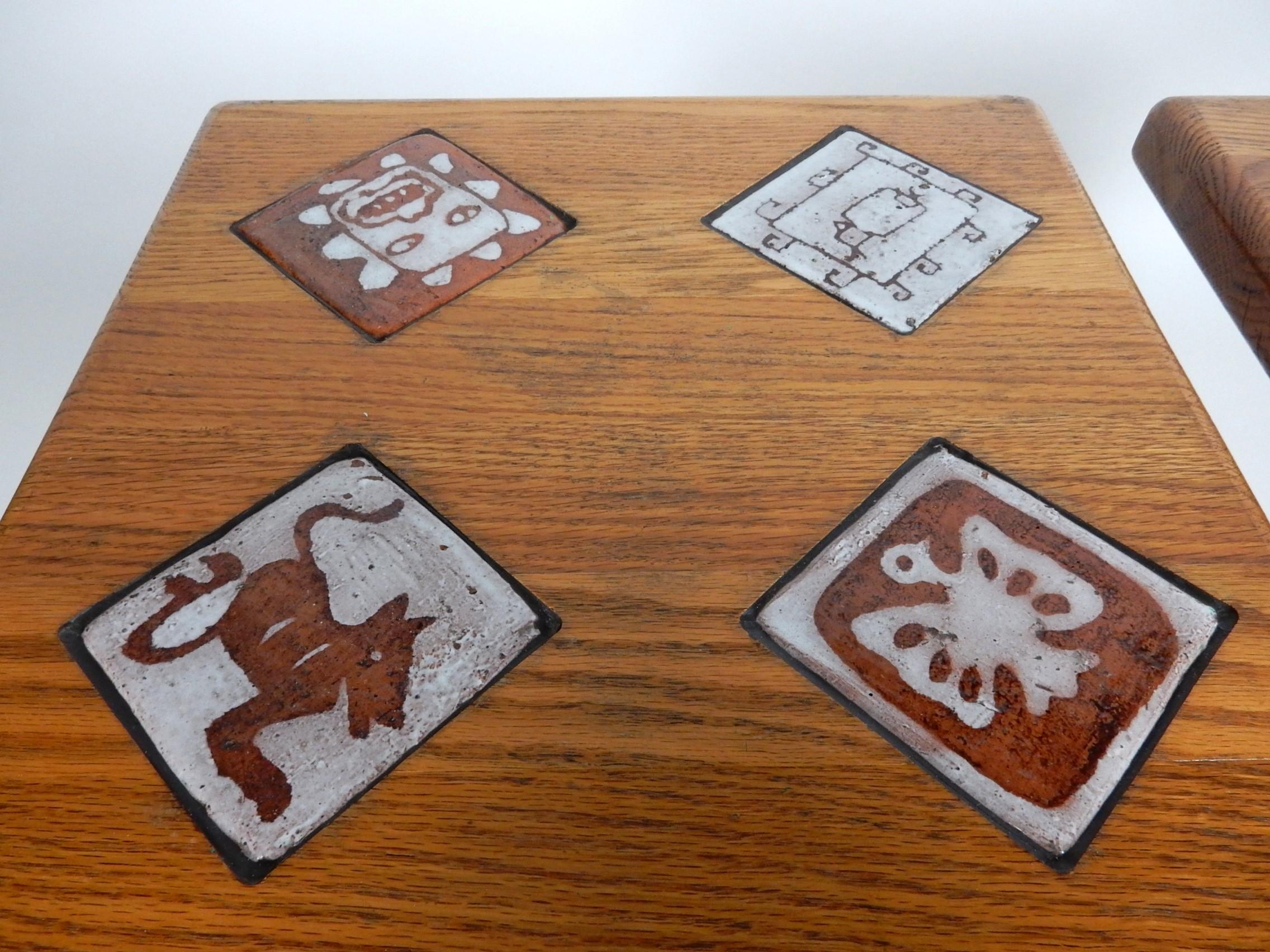 American Pair Custom Oak Side / Drink Tables with Art Tile Insert Tops