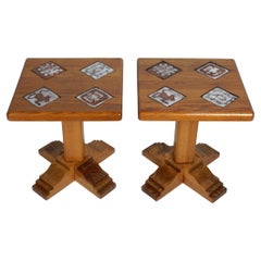 Pair Custom Oak Side / Drink Tables with Art Tile Insert Tops
