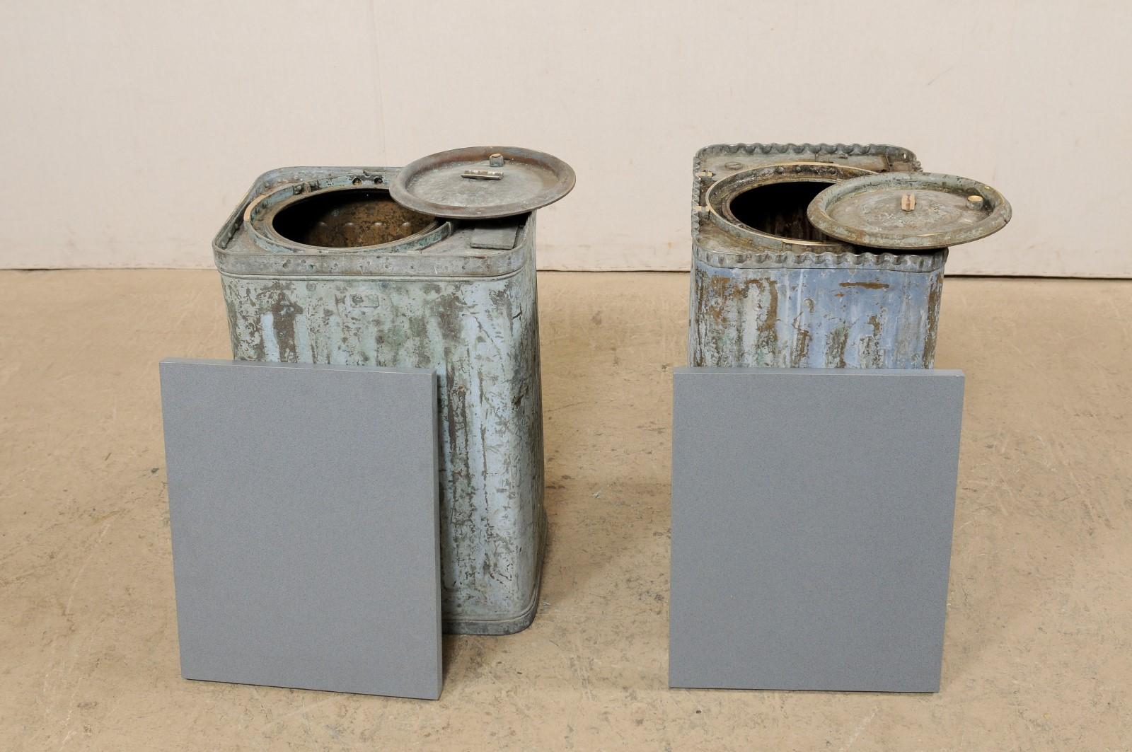 Pair Custom Side Tables from Mid-20th Spanish Metal Cans & Gray Stone Tops For Sale 7