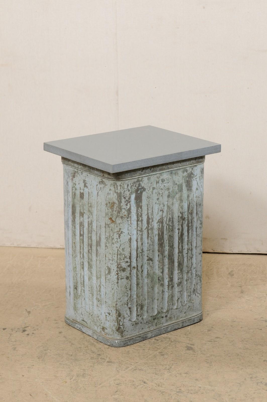 Pair Custom Side Tables from Mid-20th Spanish Metal Cans & Gray Stone Tops In Good Condition For Sale In Atlanta, GA