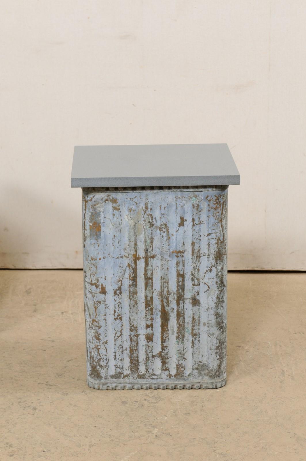20th Century Pair Custom Side Tables from Mid-20th Spanish Metal Cans & Gray Stone Tops For Sale