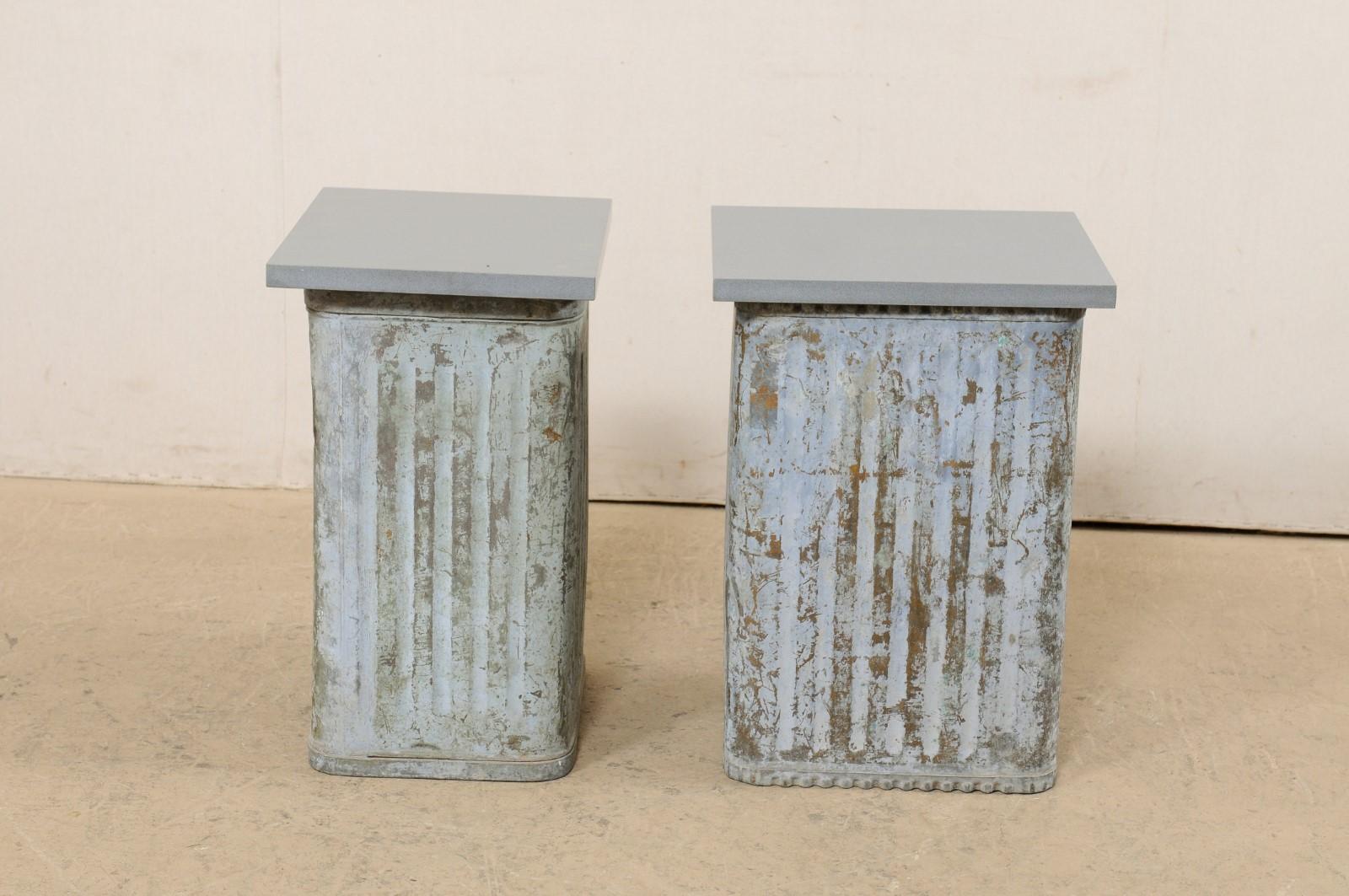 Pair Custom Side Tables from Mid-20th Spanish Metal Cans & Gray Stone Tops For Sale 1