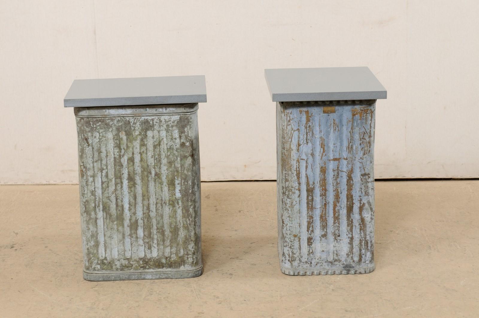 Pair Custom Side Tables from Mid-20th Spanish Metal Cans & Gray Stone Tops For Sale 3