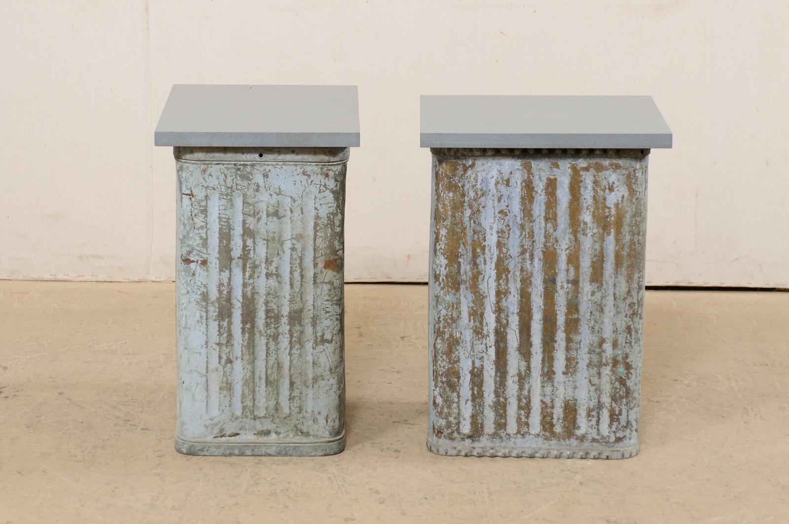 Pair Custom Side Tables from Mid-20th Spanish Metal Cans & Gray Stone Tops For Sale 4