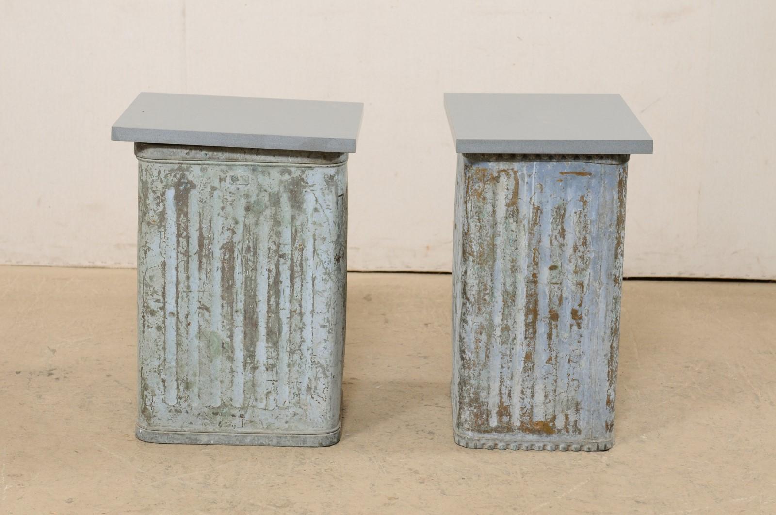 Pair Custom Side Tables from Mid-20th Spanish Metal Cans & Gray Stone Tops For Sale 5