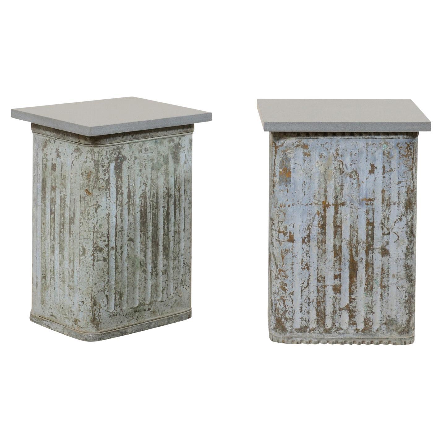 Pair Custom Side Tables from Mid-20th Spanish Metal Cans & Gray Stone Tops