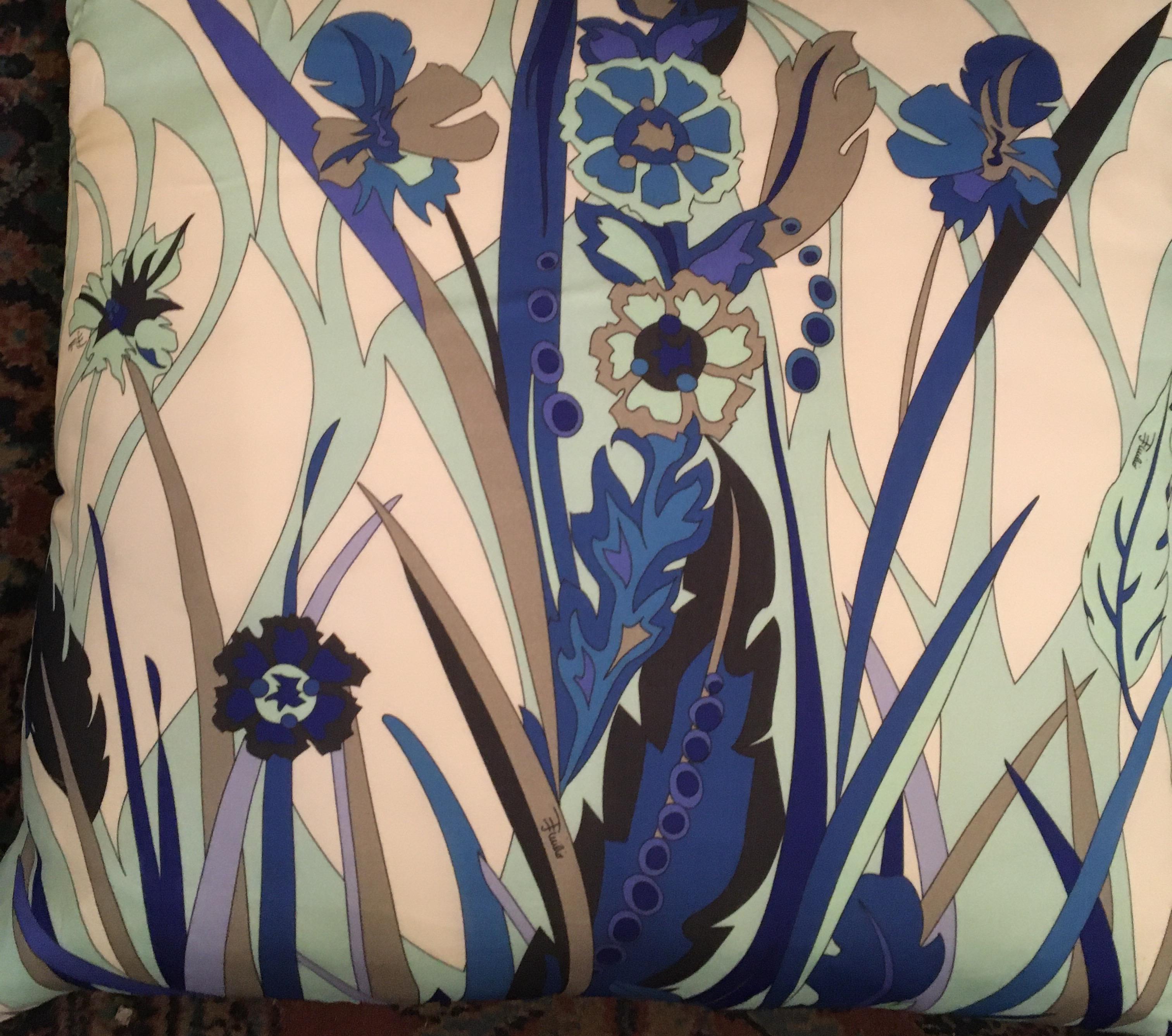 Lovely vintage iris and feather motif silk Emilio Pucci fabric make this pair of custom pillows great for living room or bedroom. Very soft feather inserts.