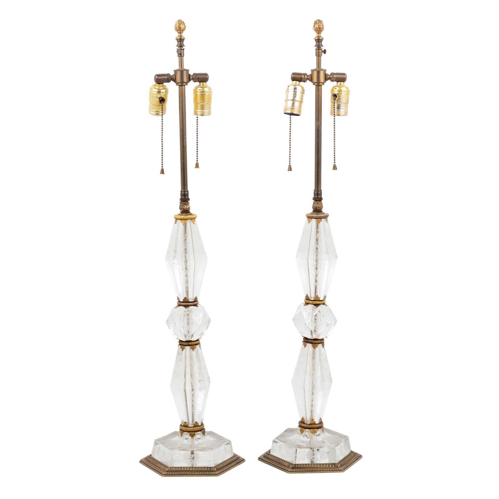 Pair Cut Glass Lamps with Etched Floral Decorations Attributed to E.F. Caldwell For Sale