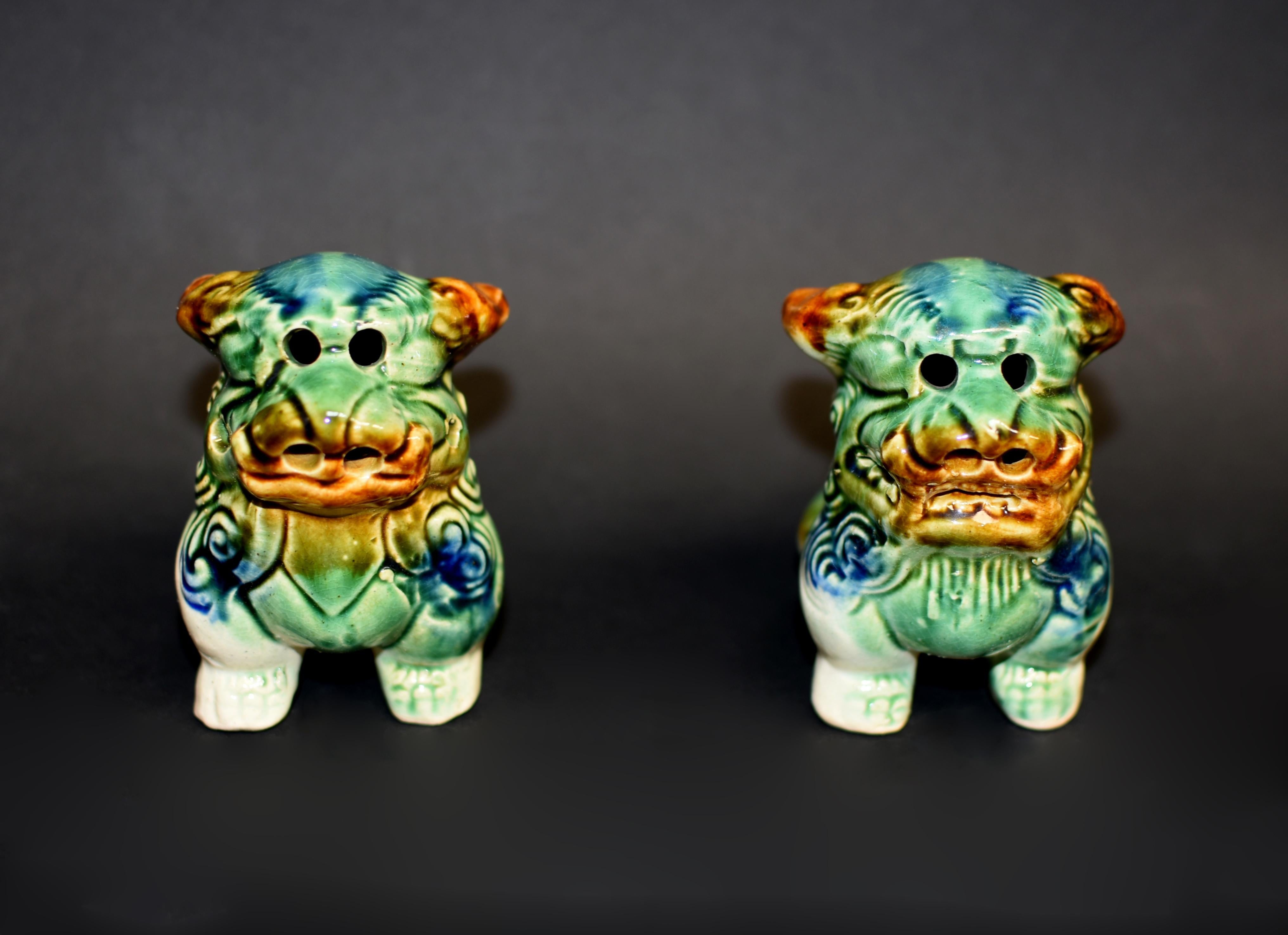 Pair Cute Tri-Glaze Ceramic Foo Dogs 6