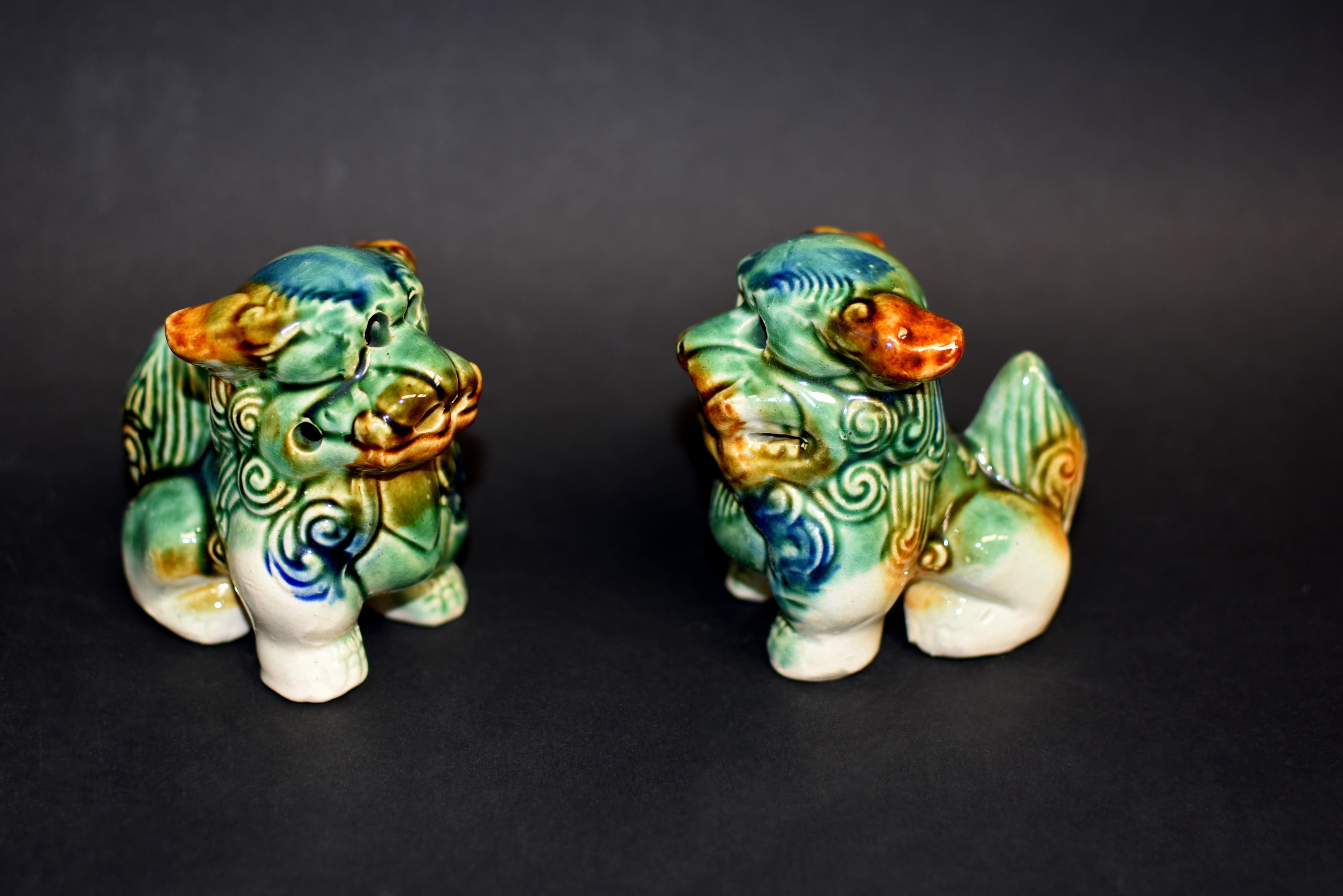 Pair Cute Tri-Glaze Ceramic Foo Dogs 7