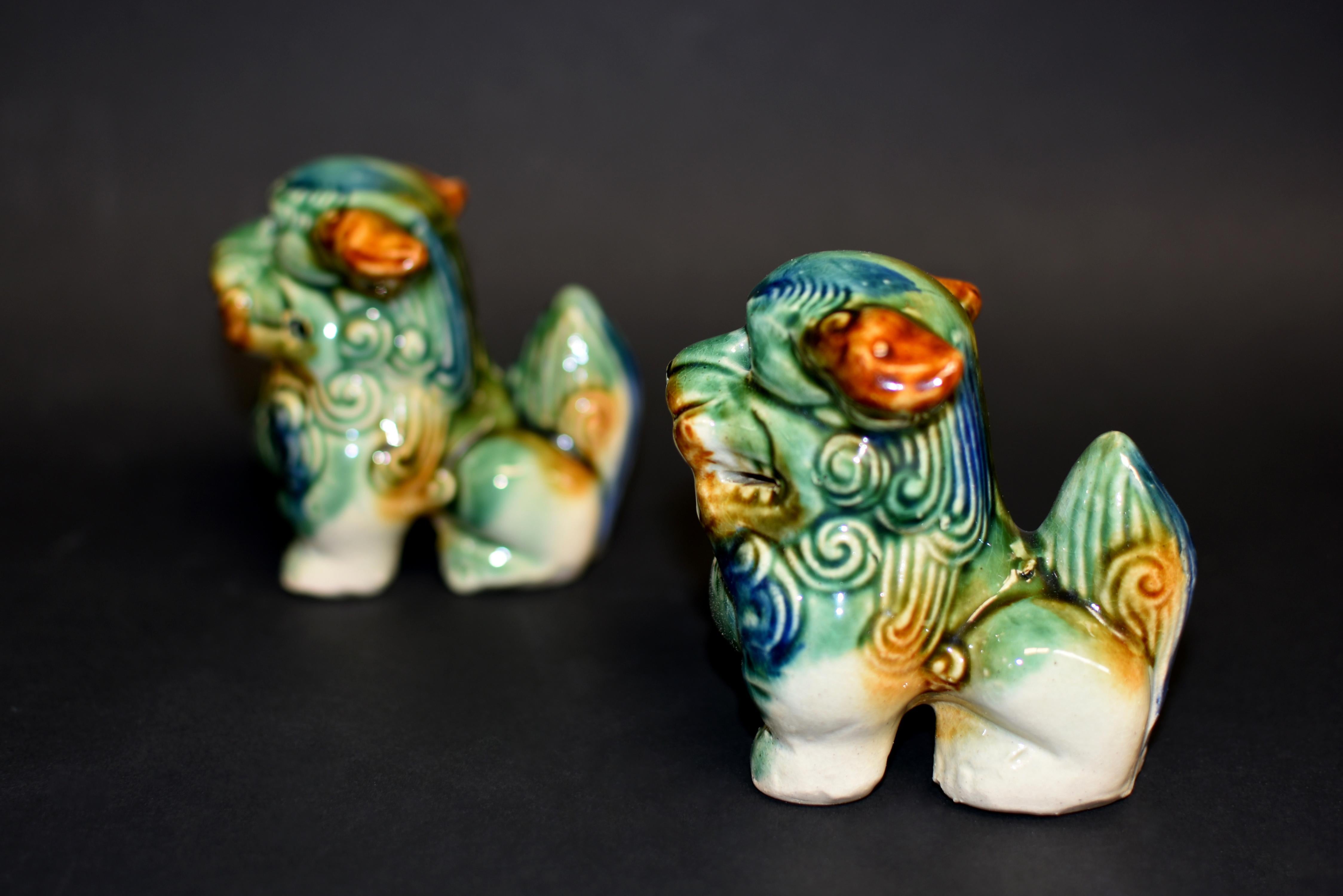 Pair Cute Tri-Glaze Ceramic Foo Dogs 8