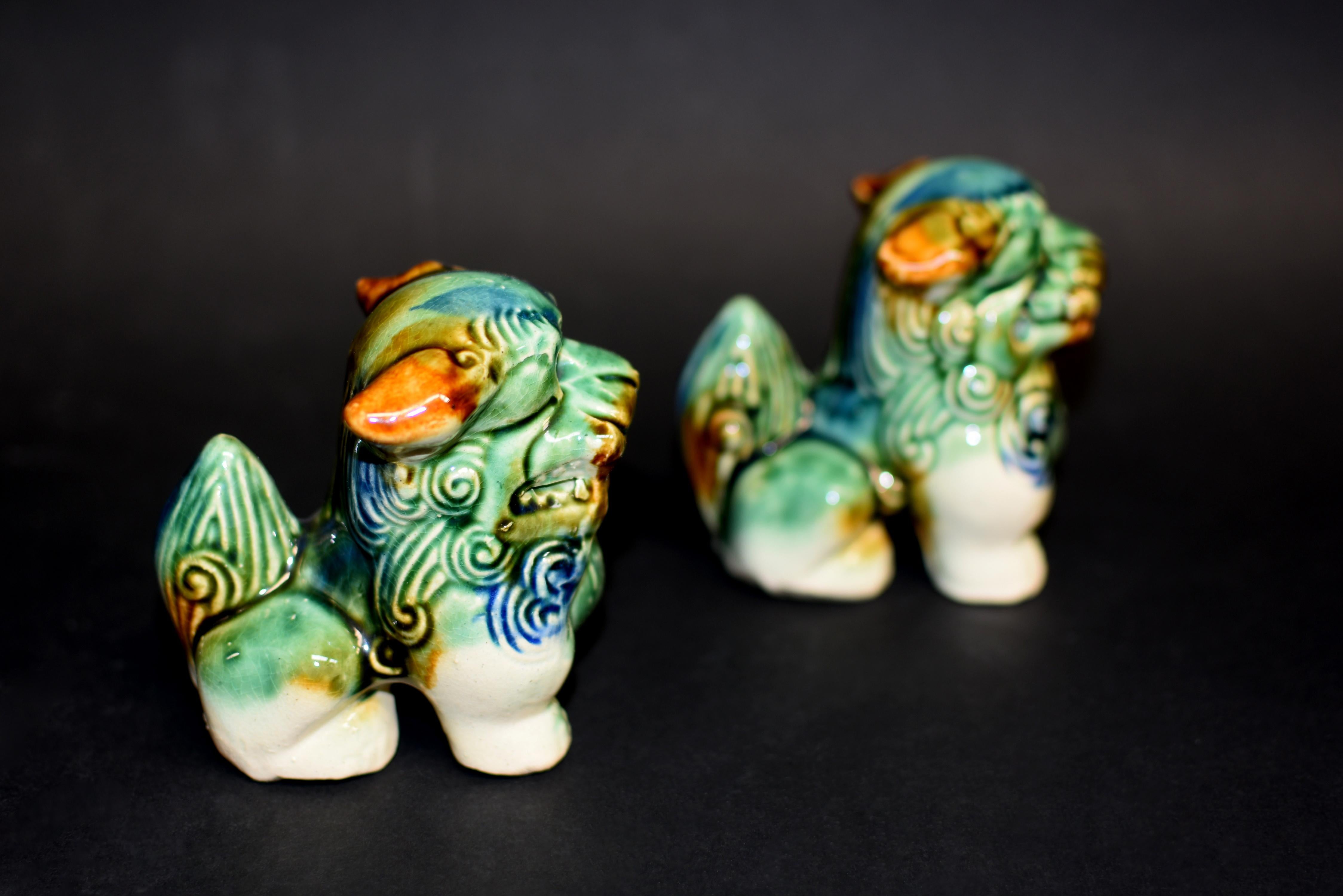 Pair Cute Tri-Glaze Ceramic Foo Dogs 9
