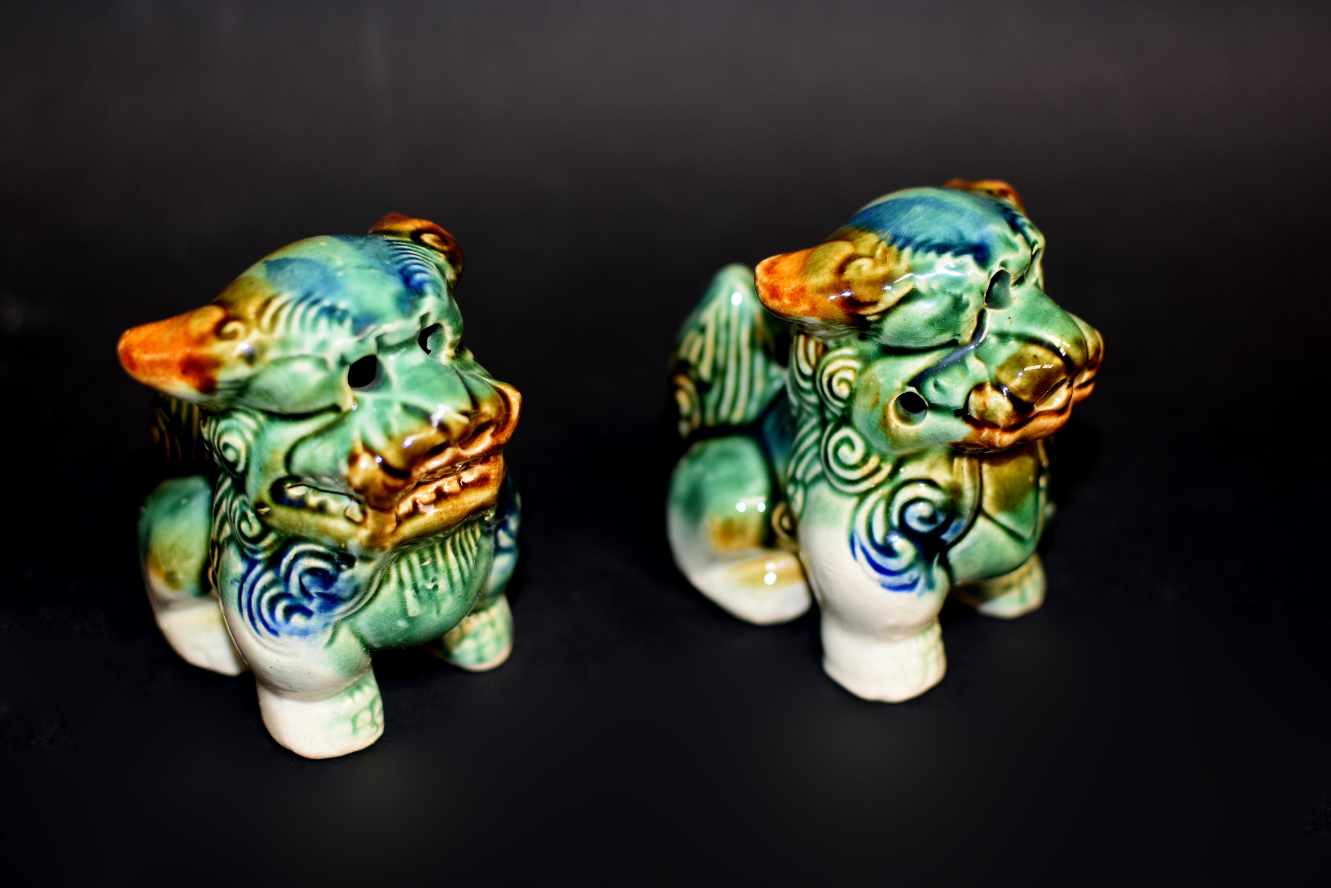 Pair Cute Tri-Glaze Ceramic Foo Dogs 10