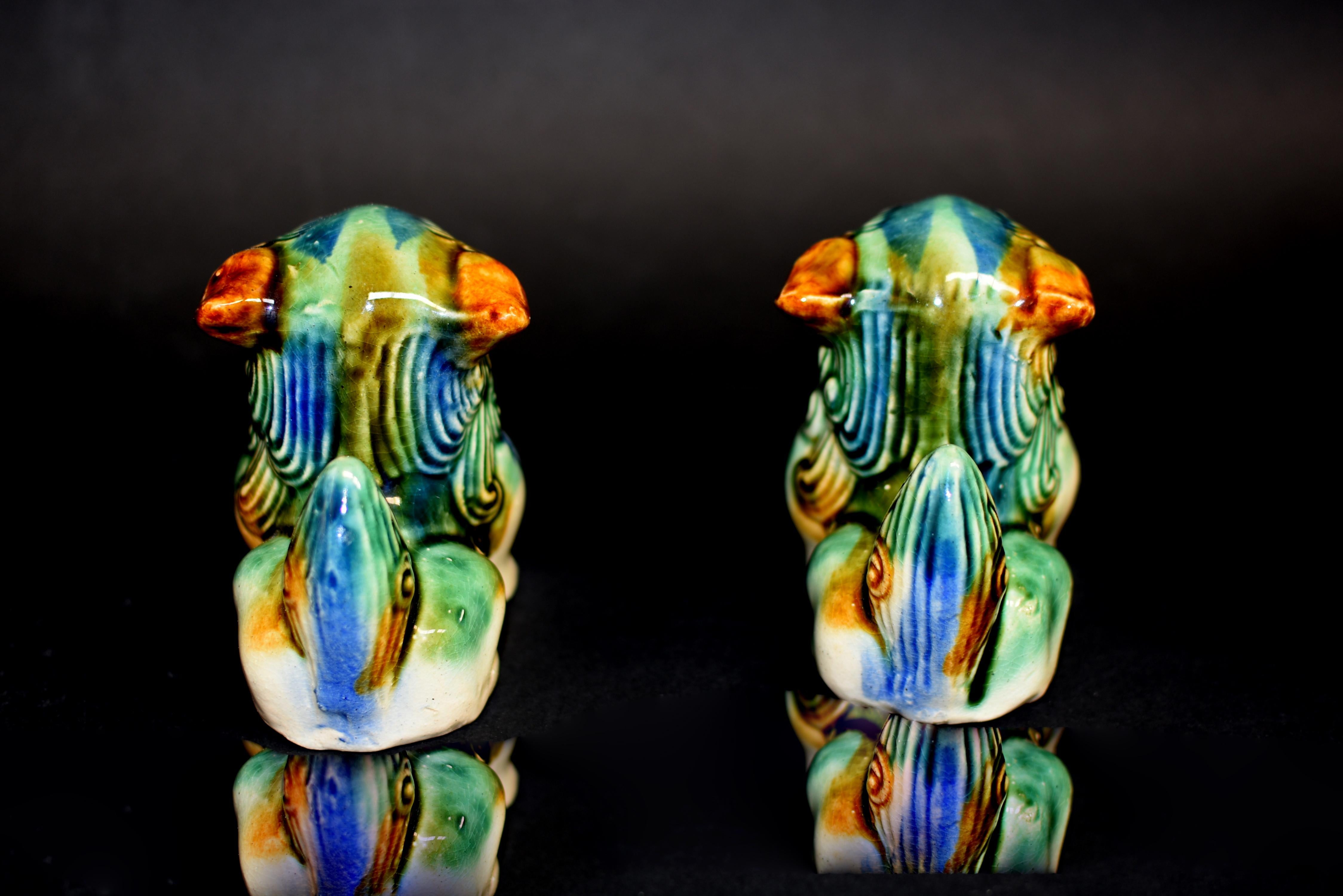 Pair Cute Tri-Glaze Ceramic Foo Dogs 11