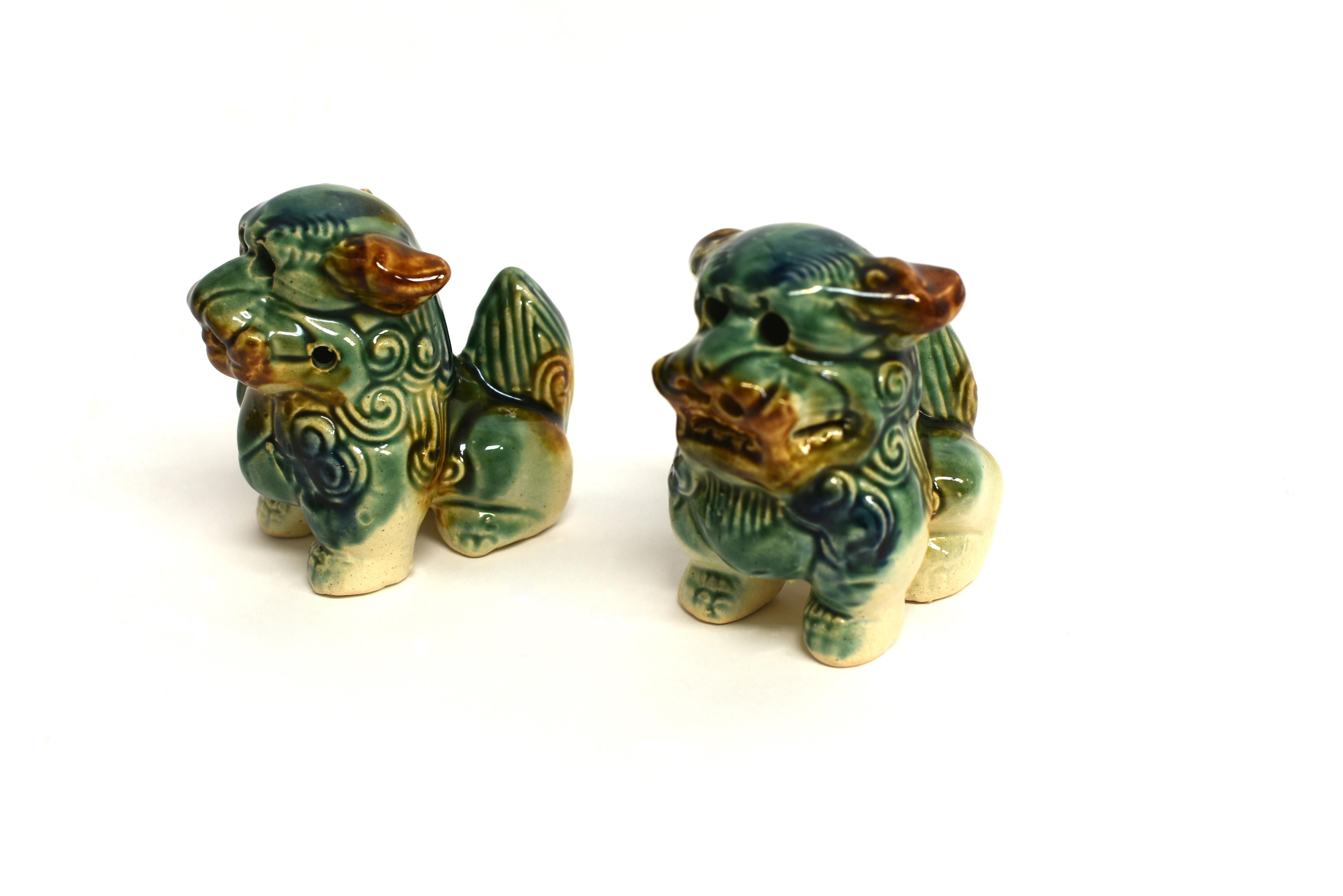 Chinese Pair Cute Tri-Glaze Ceramic Foo Dogs