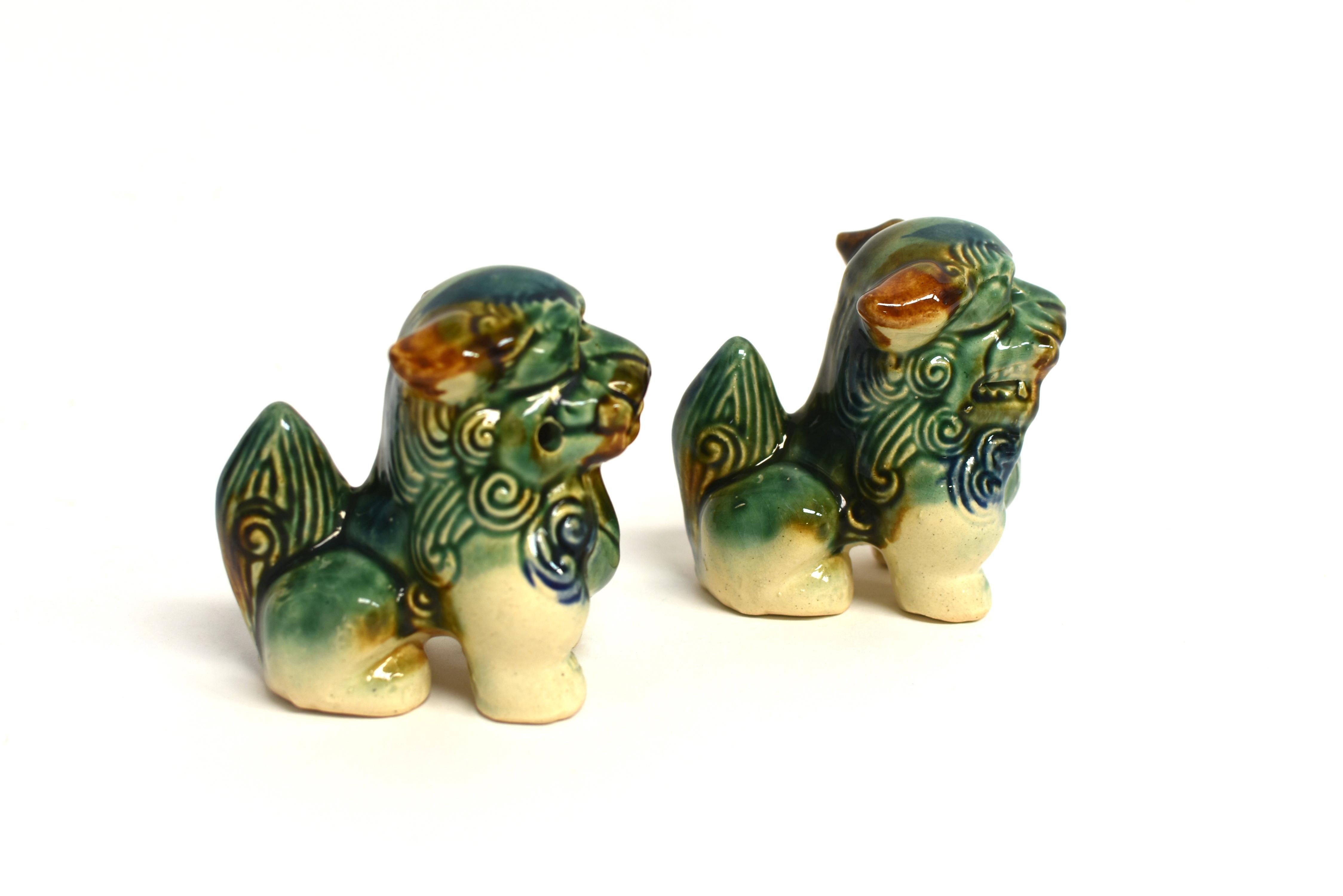 Hand-Crafted Pair Cute Tri-Glaze Ceramic Foo Dogs