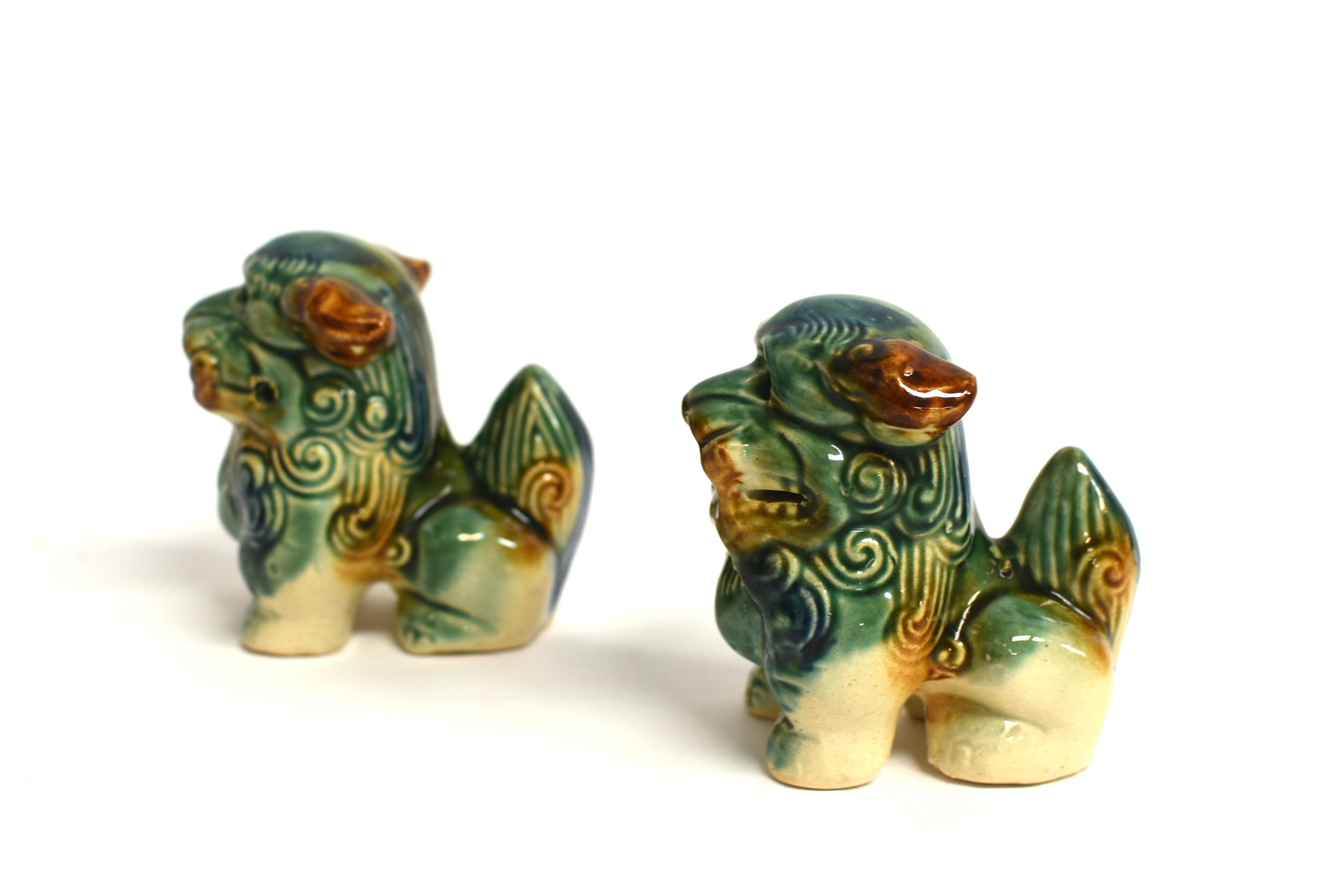 Pair Cute Tri-Glaze Ceramic Foo Dogs In Excellent Condition In Somis, CA