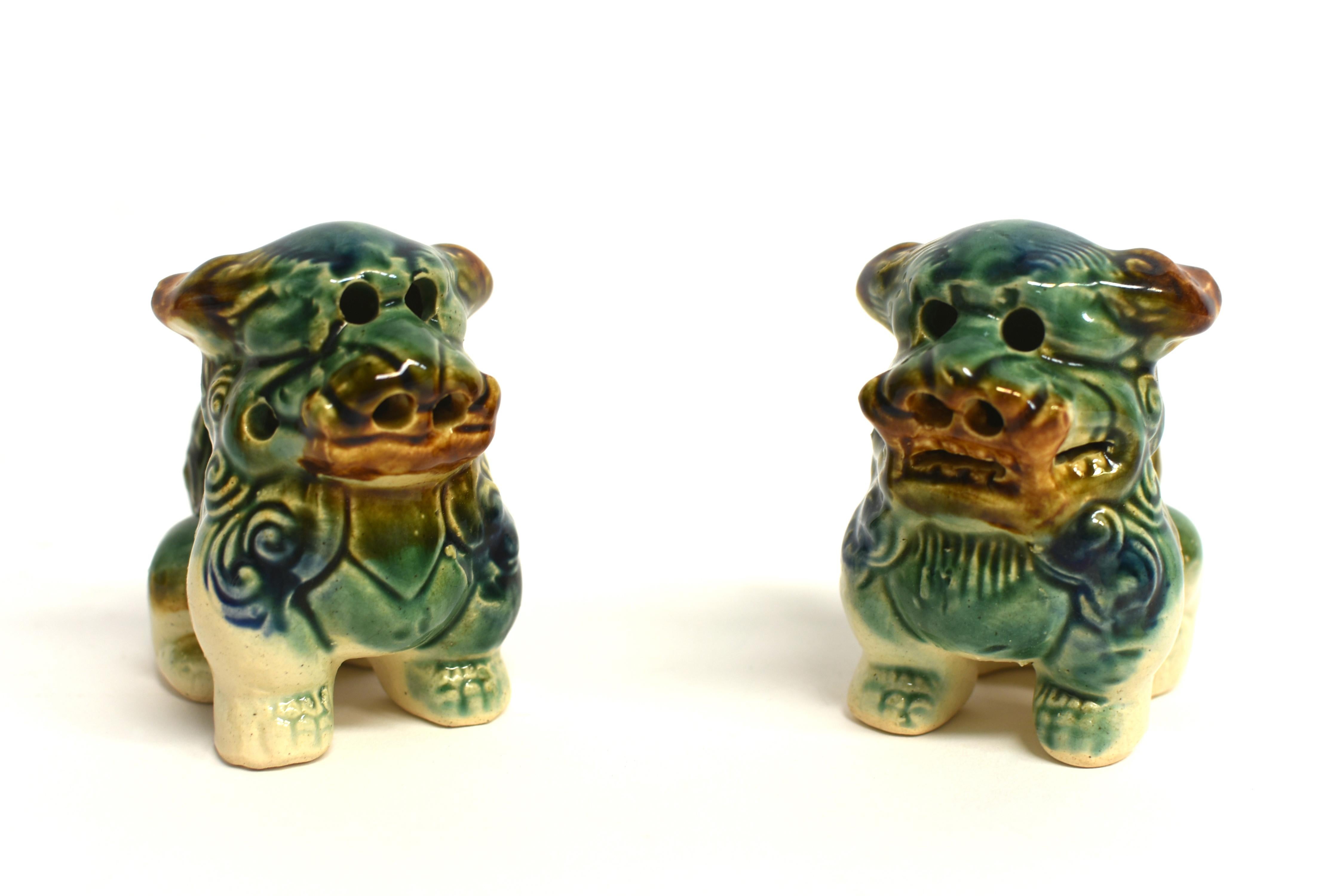 20th Century Pair Cute Tri-Glaze Ceramic Foo Dogs