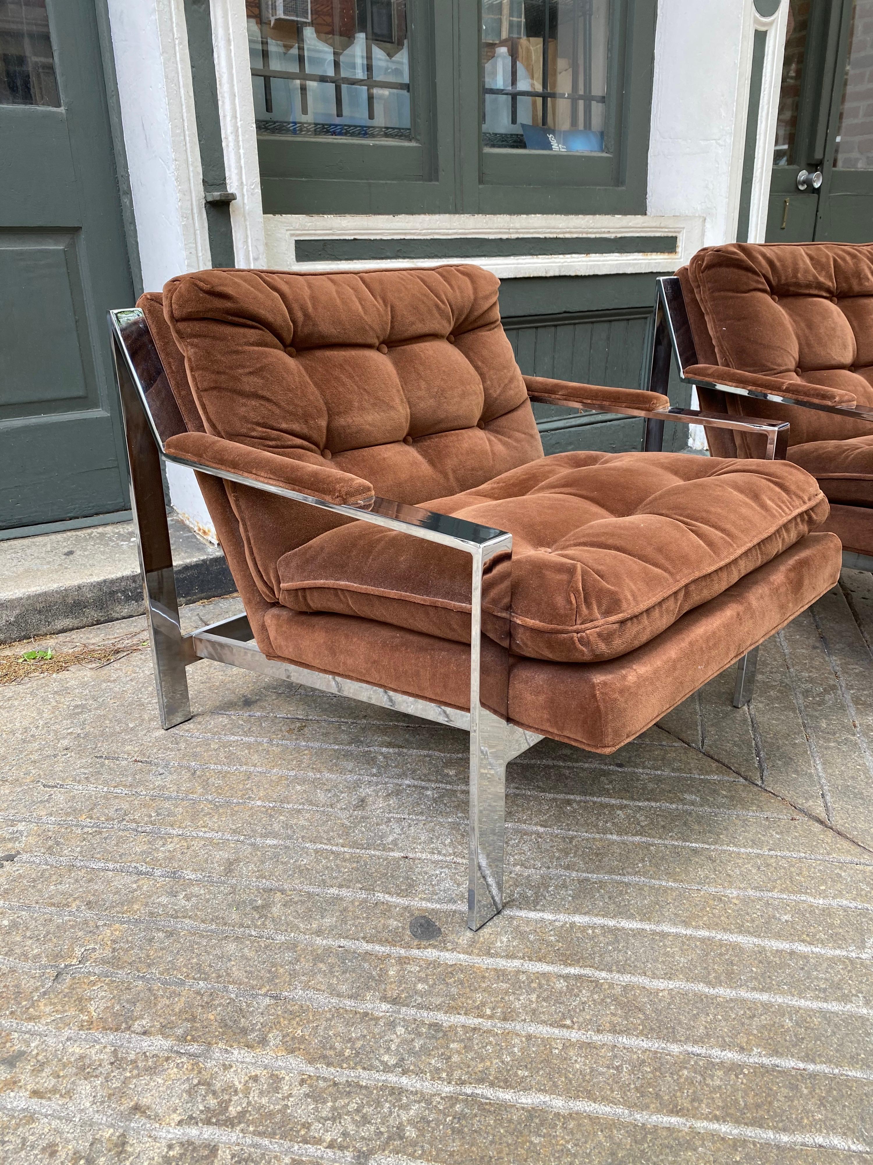 Pair of Cy Mann chrome and upholstered lounge chairs. All original with their brown velvet material! Very comfy!