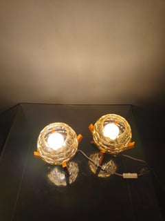 Pair Czech 1970s Milk Glass and Green Ceramic Table Lamps