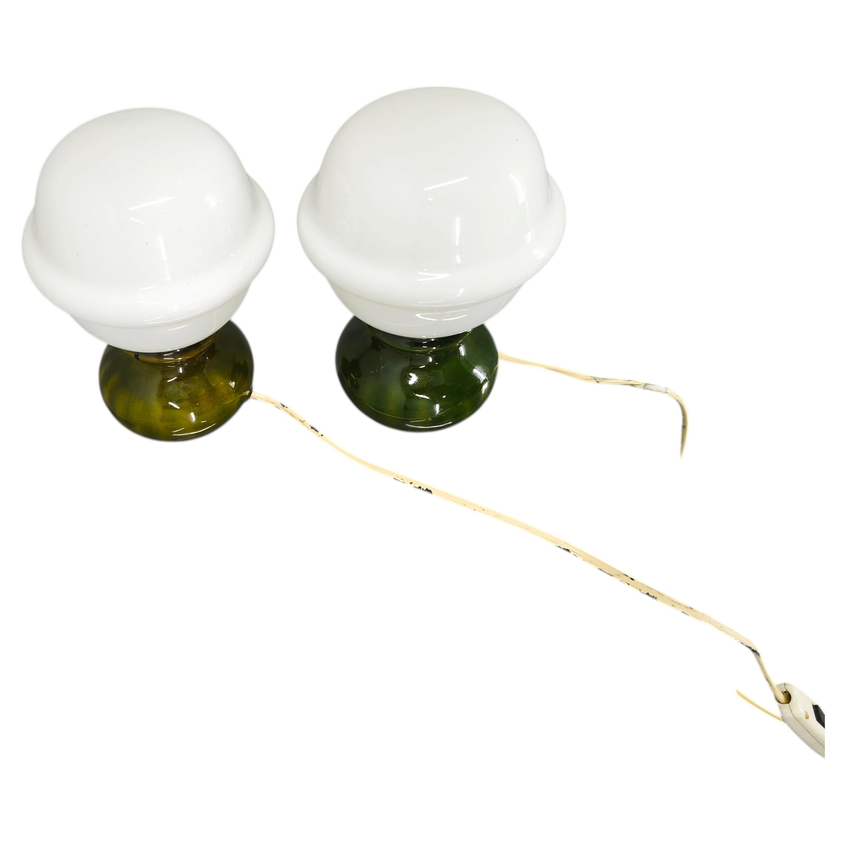 Pair Czech 1970s Milk Glass and Green Ceramic Table Lamps For Sale