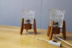Pair Czech 1970s Wood and Glass Mid Century Table Lamps