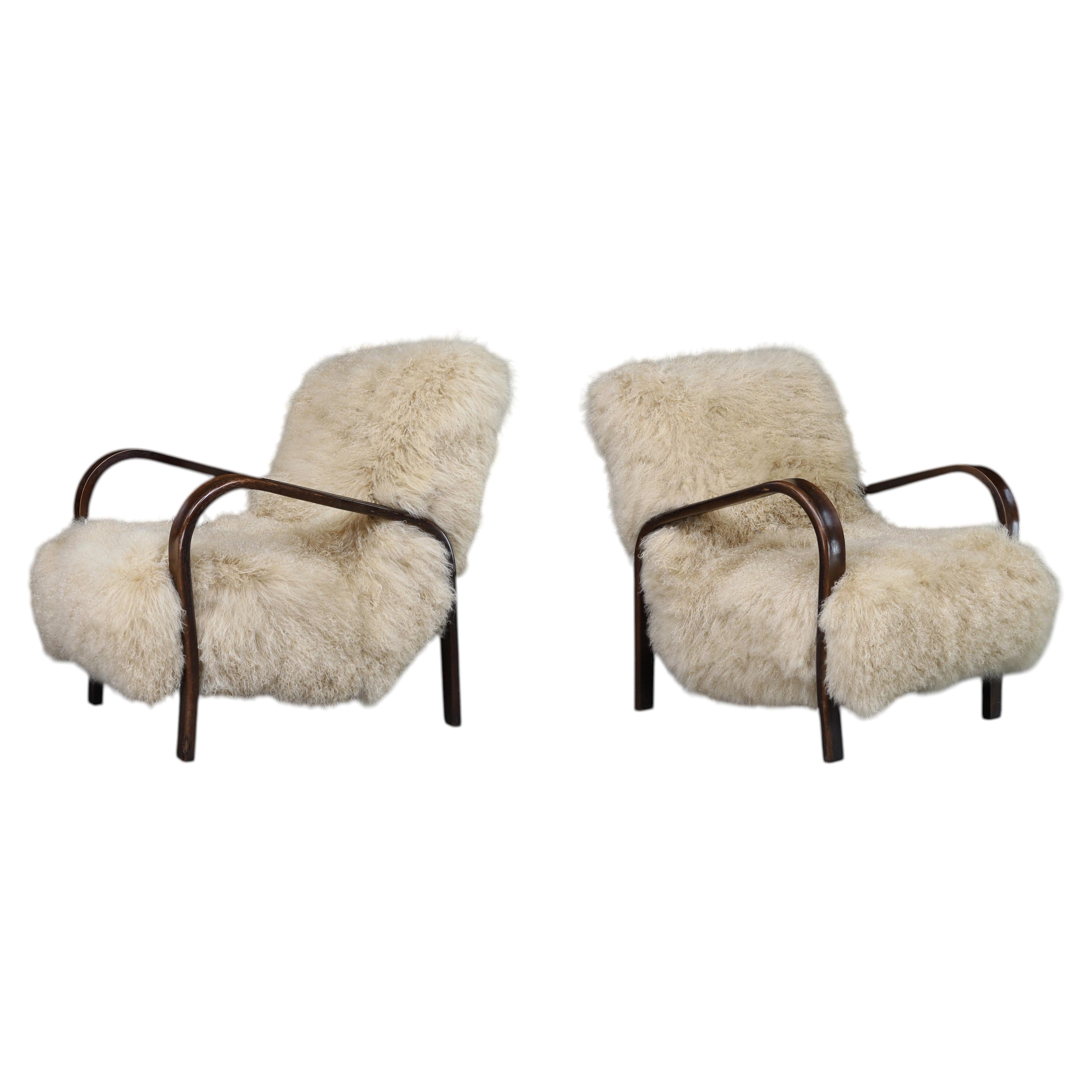 Pair Czech Mid Century Bentwood Lounge Chairs, Dark Beech Tibetan Sheepskin 1940