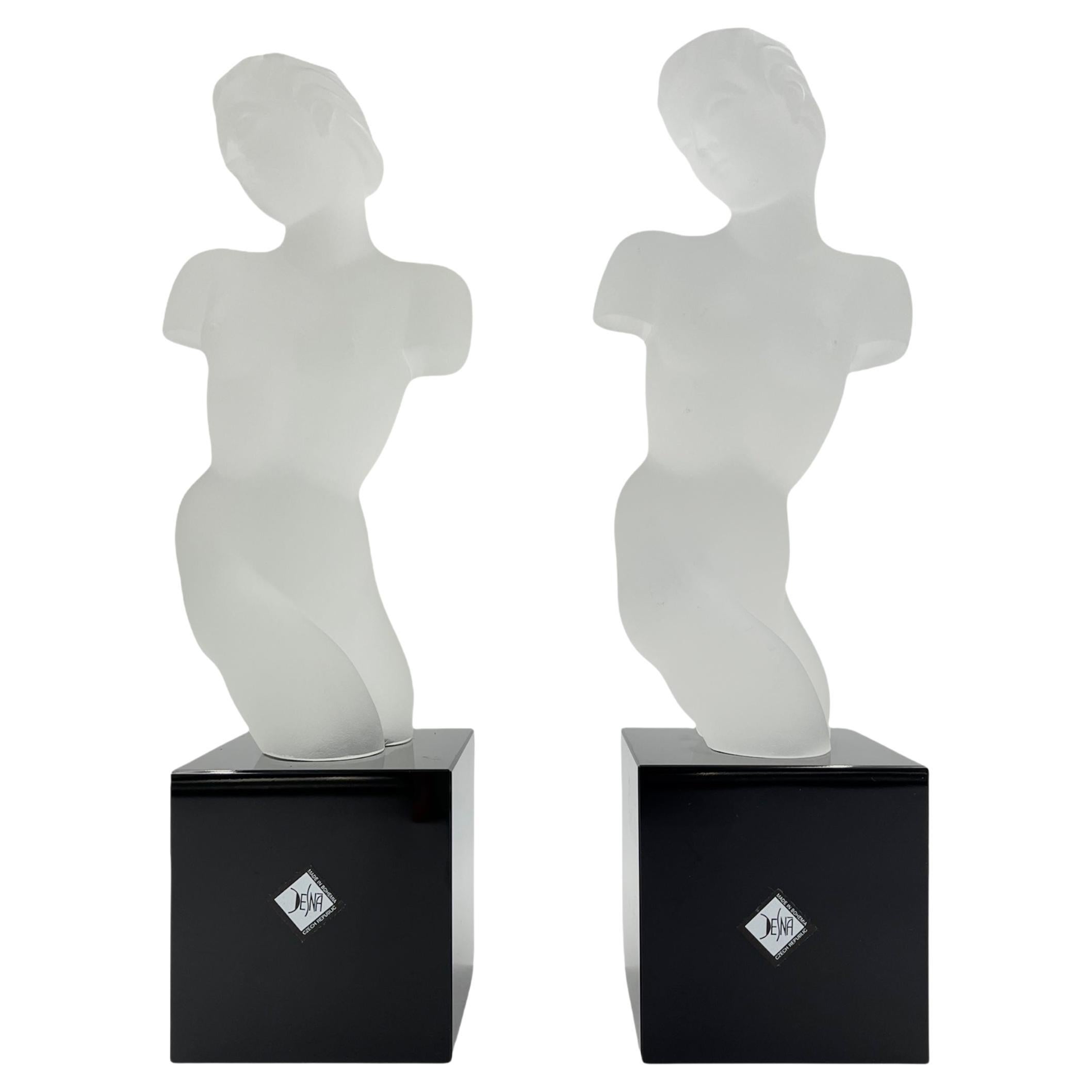 Pair Czechoslovakian Art Glass Statues Nude Desna For Sale