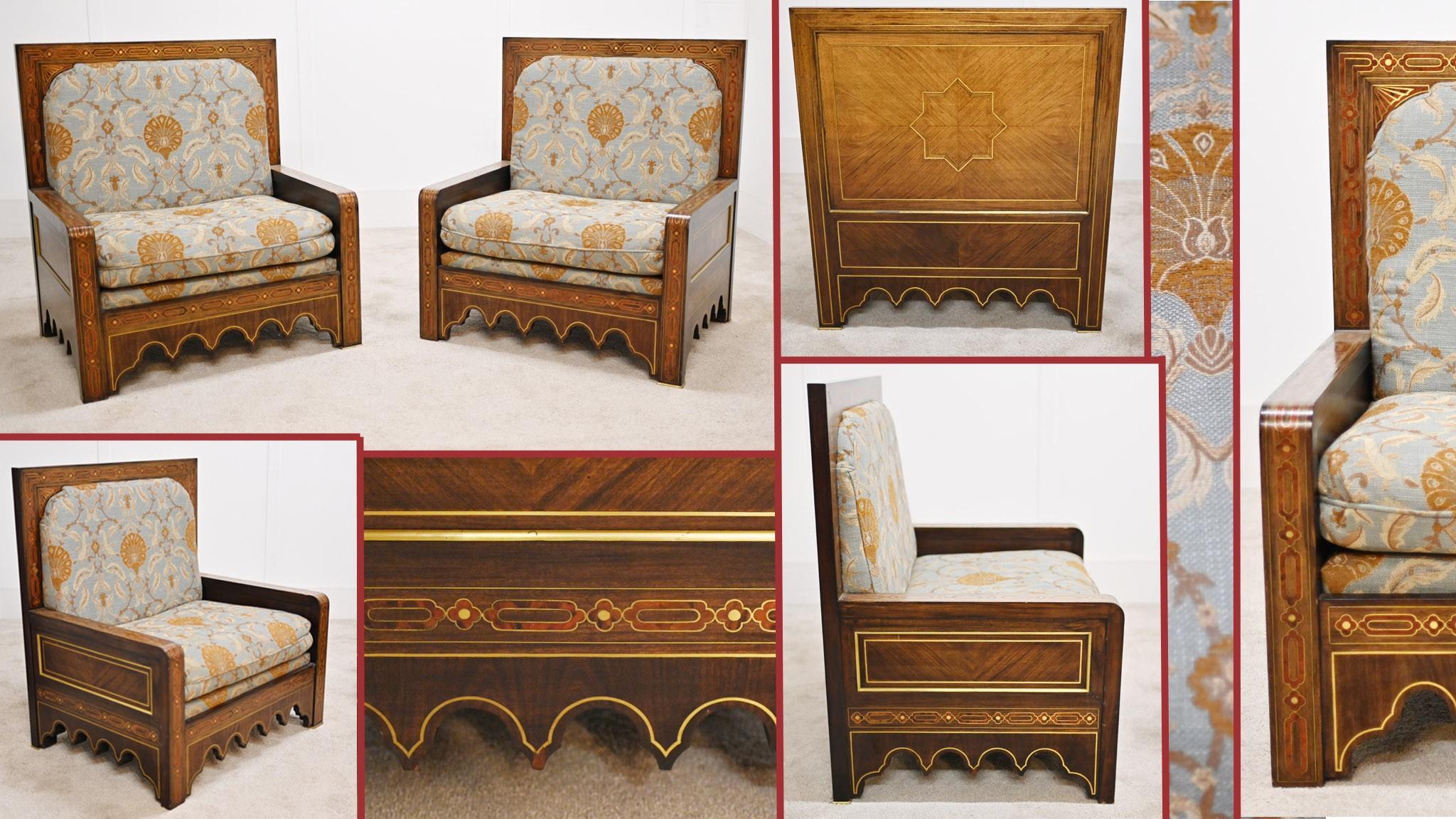 A fine pair of Middle Eastern Damascan arm chairs with brass Boulle style decorative inlays. 
Freshly upholstered in the Middle Eastern manner with a Jim Dickens floral material
Great look to these and very comfortable to sit in
Great pair for a