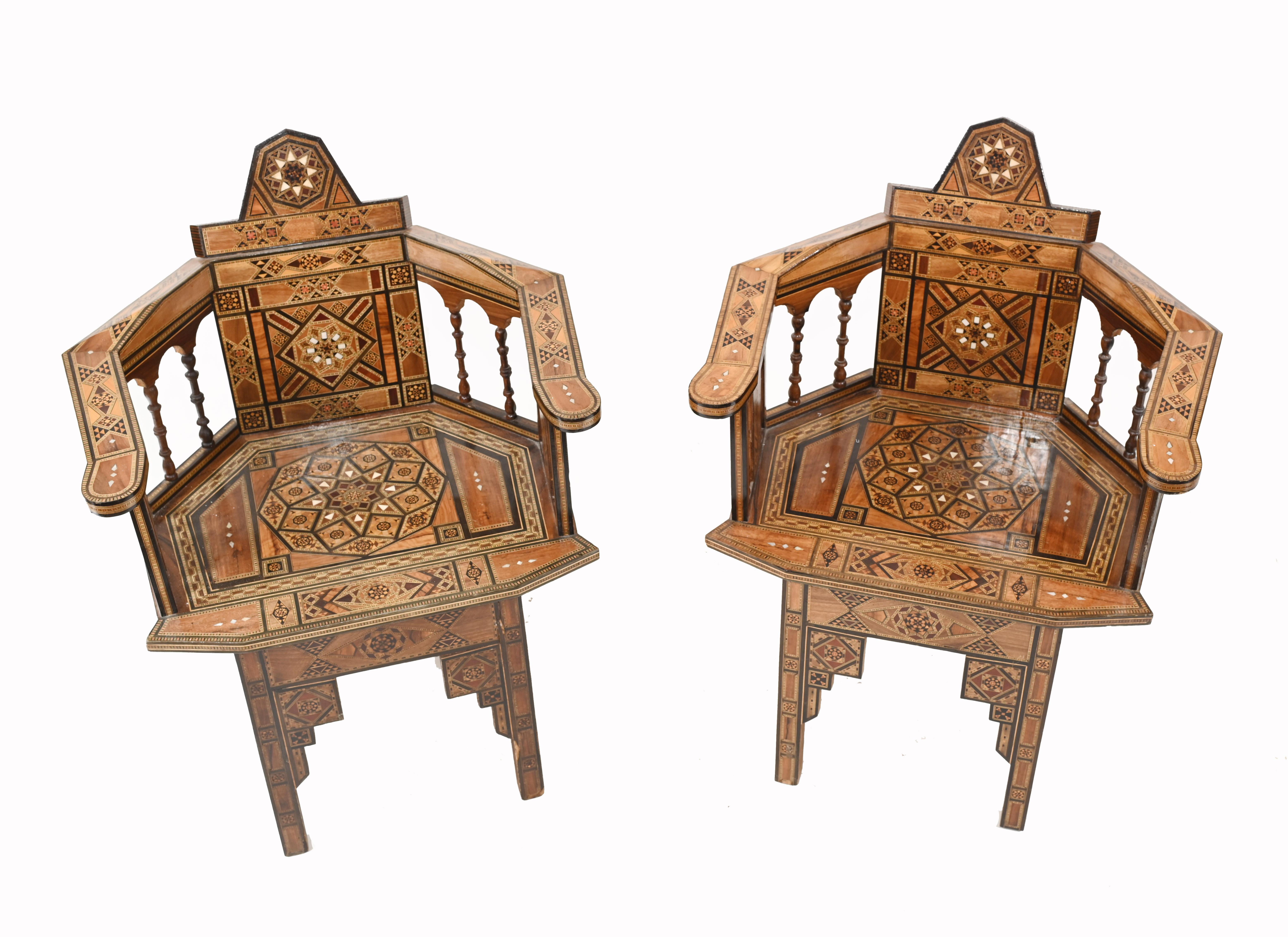 Gorgous pair of antique Damascan chairs
Intricate inlay work a hall marke of classic antique Syrian furniture
Great look, this is all the rage with interior designers

Some of our items are in storage so please check ahead of a viewing to see if
