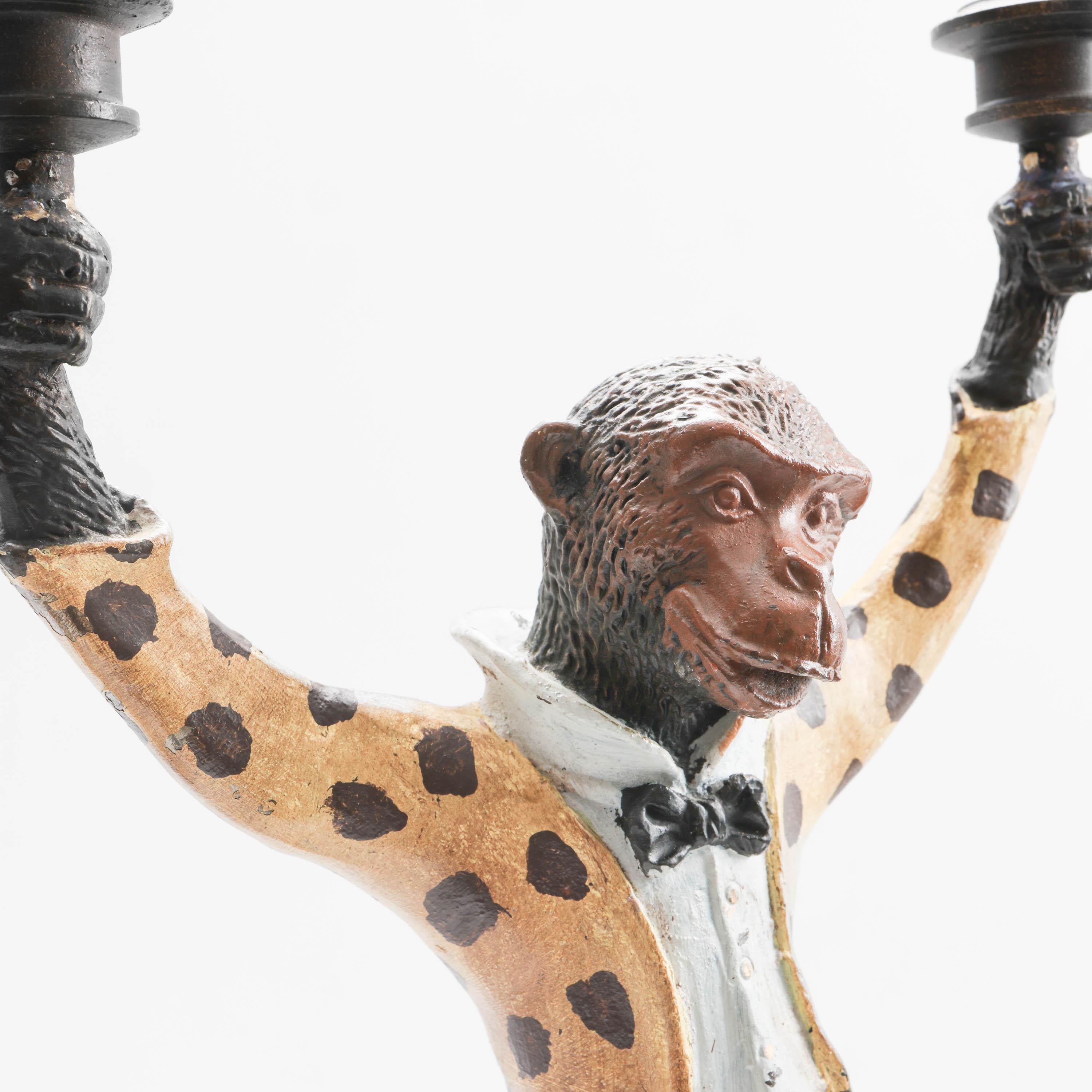 Pair Dancing Monkeys Costumed Iron Figurine Candelabras  Scully & Scully In Excellent Condition For Sale In Southbury, CT