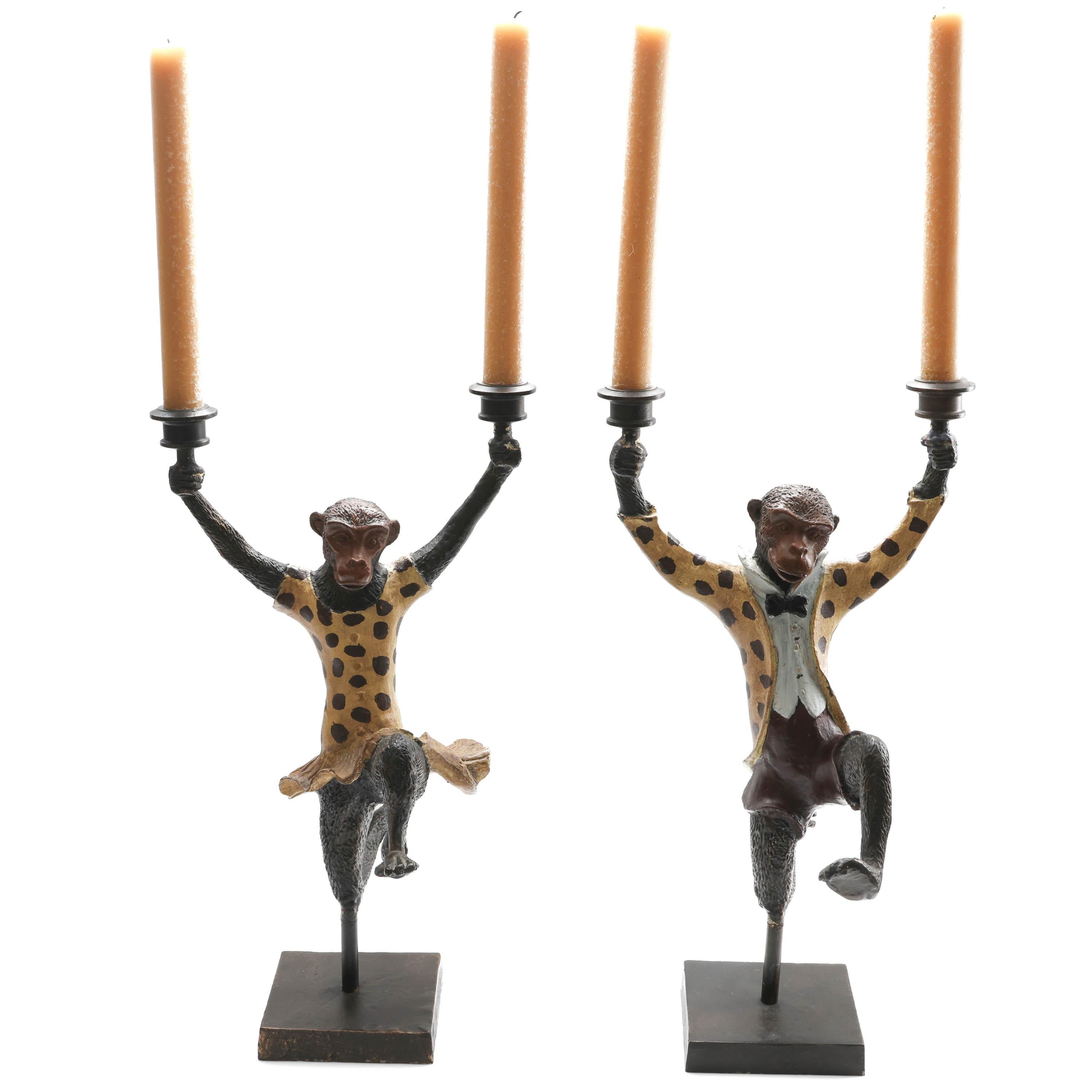 Women's or Men's Pair Dancing Monkeys Costumed Iron Figurine Candelabras  Scully & Scully For Sale