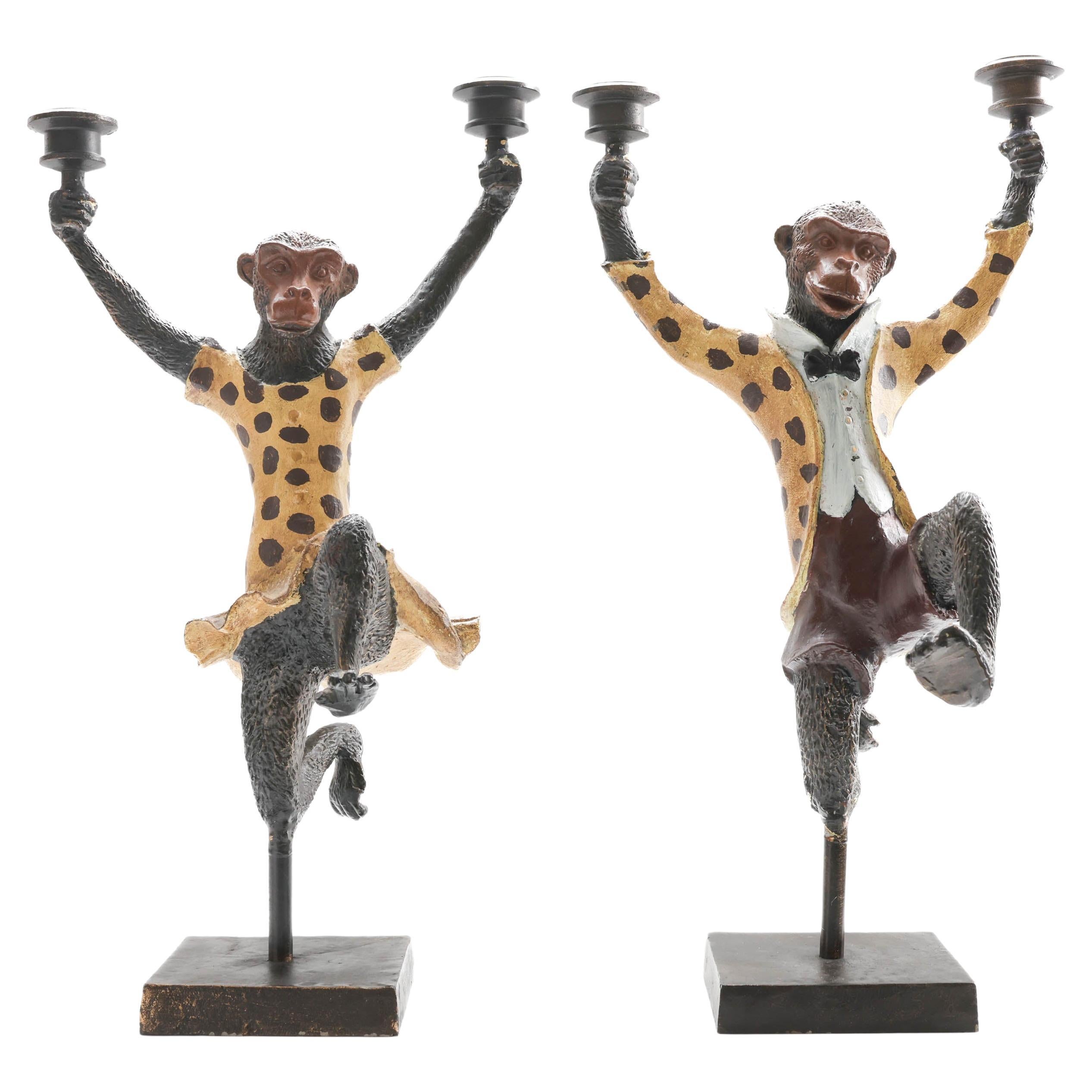 Pair Dancing Monkeys Costumed Iron Figurine Candelabras  Scully & Scully For Sale