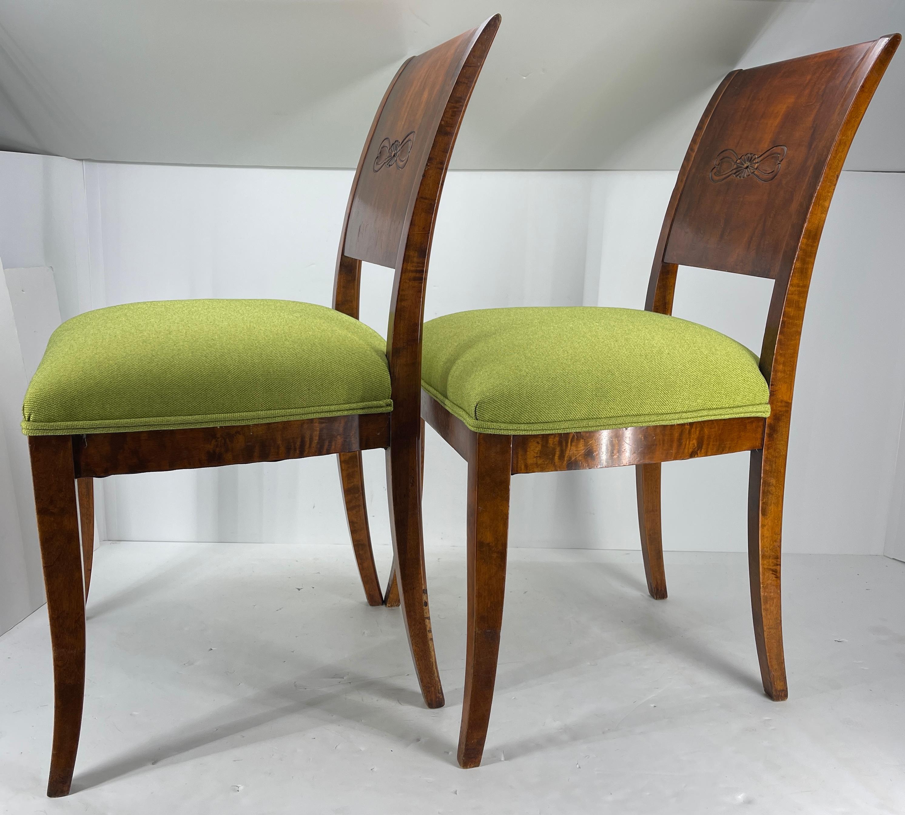 Mid-19th Century Pair of Danish Biedermeier Grass Green Upholstered Side Chairs For Sale