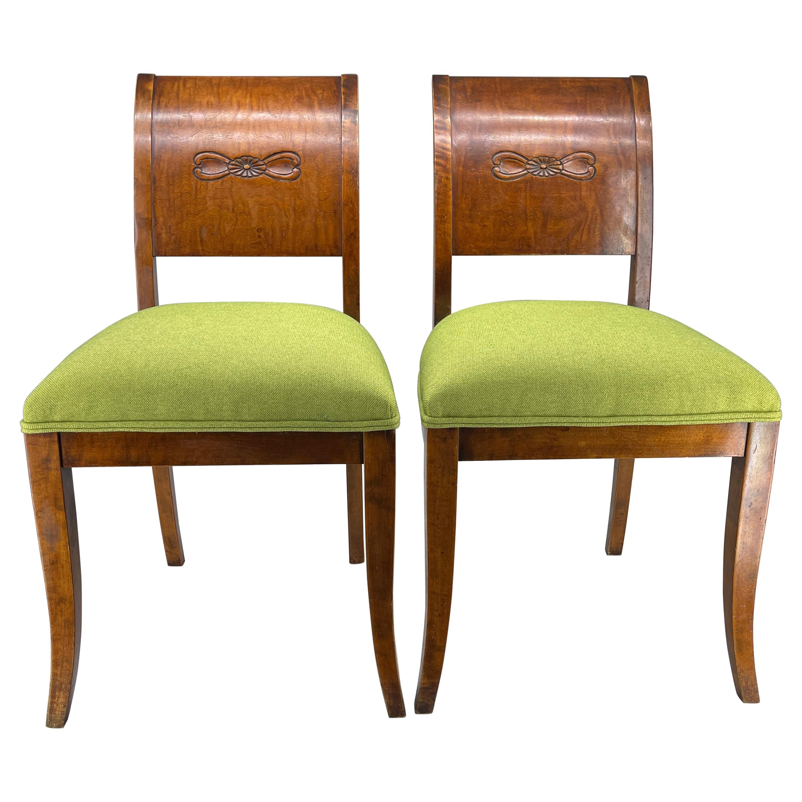 Pair of Danish Biedermeier Grass Green Upholstered Side Chairs For Sale