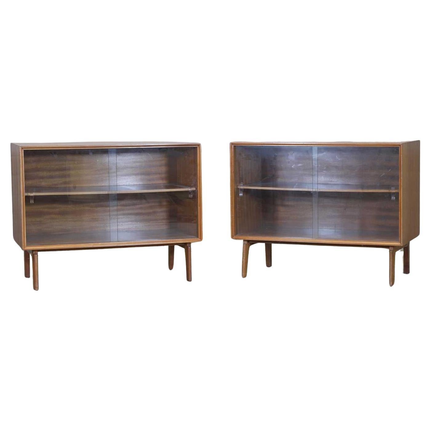  Pair Danish Mid Century Modern Teak Low Bookcase/Cabinets With Shaped Supports For Sale