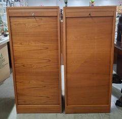 Pair Danish Mid-Century Modern Teak Tambour Fall Front Open Drawers File Cabinet